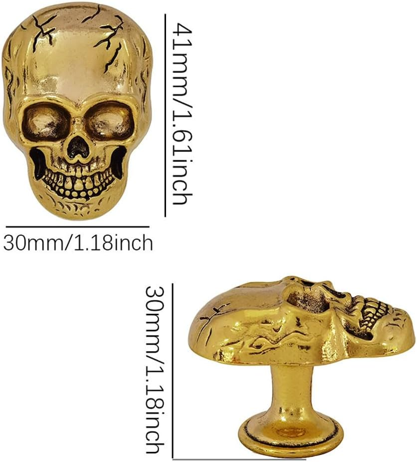 Gold Skull Drawer Knobs Pulls,Unique Skull Cabinets Knob Covers Decorative, Single Hole Metal Pull Handle for Dresser Closets Hardware Furniture Halloween Skull Kitchen Accessories (Antique Gold) image number 4