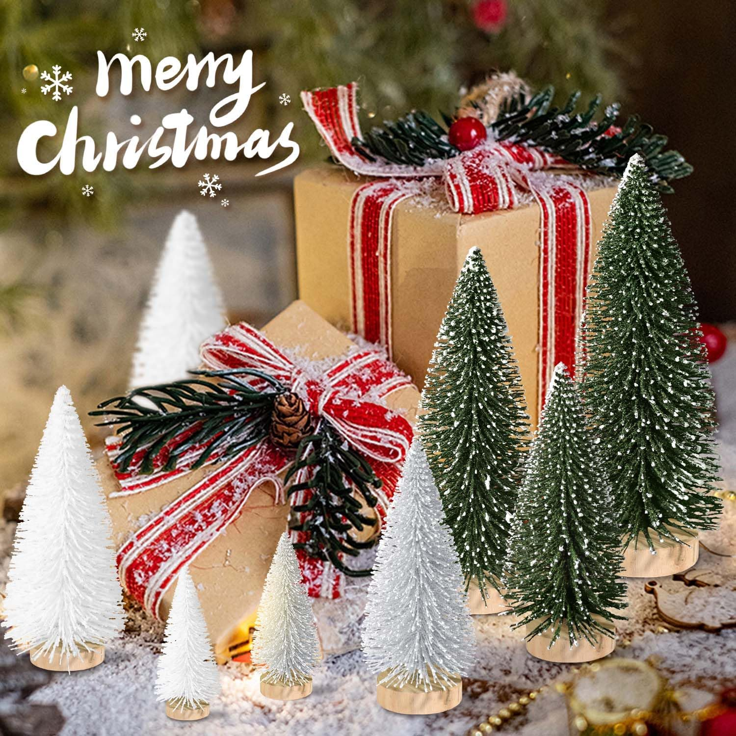 9Pcs Mini Christmas Tree Desktop, Artificial Christmas Pine Tree, Mini Bottle Brush Trees Tabletop, Small Sisal Trees with Wooden Bases, Xmas Holiday Decor (Green-Silver-White) image number 5