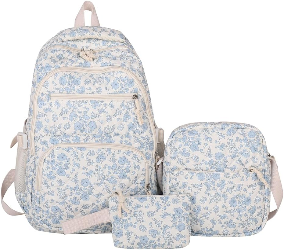 Coquette Backpack &ndash; 3-In-1 Floral Quilted Daypack Set, Aesthetic Nylon Rucksack with Crossbody Bag 2025