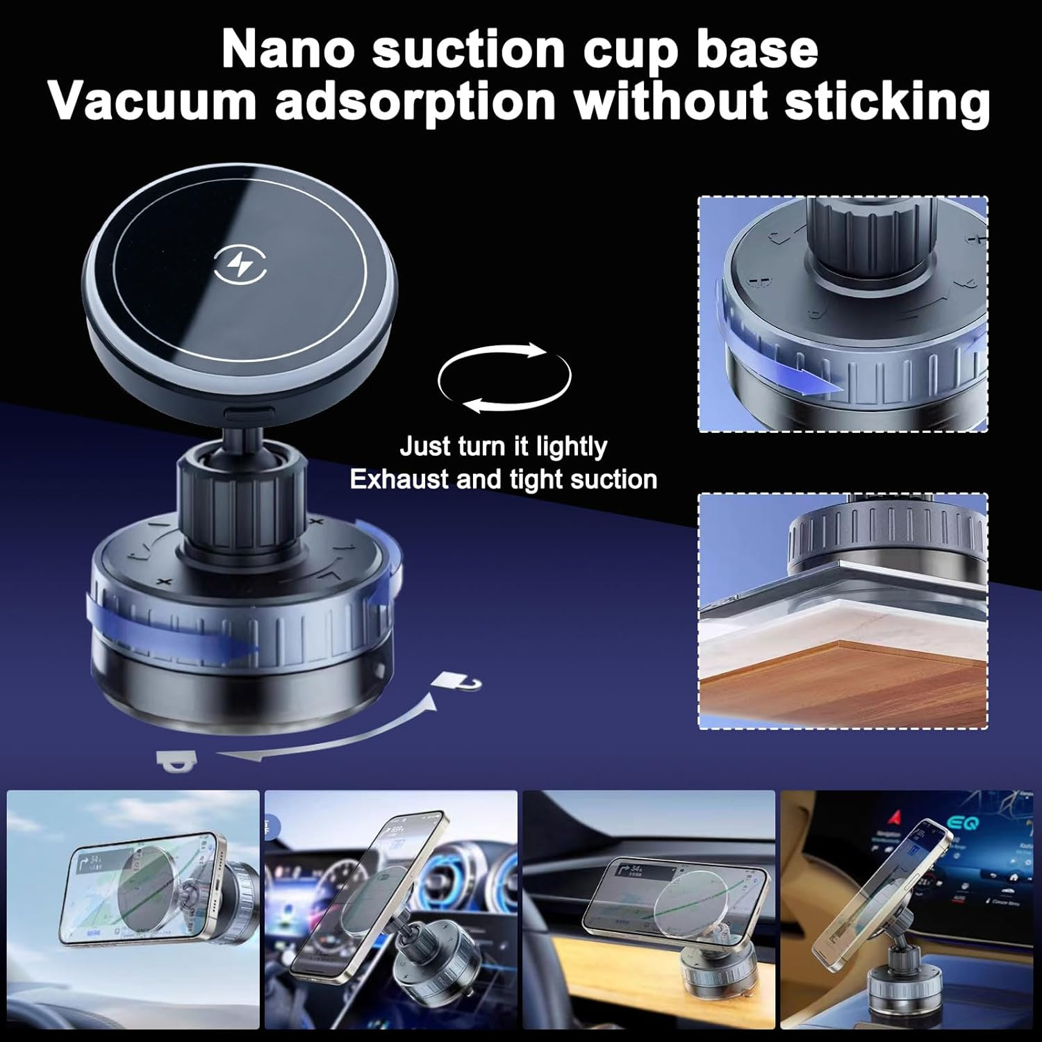 360&deg; Rotating Vacuum Suction Phone Holder, 15W Charge Magnetic Car Mount with Suction Cup for Dashboard & Windshield for Phone & Tablet, Includes Magnetic Ring for Non Magnetic Device