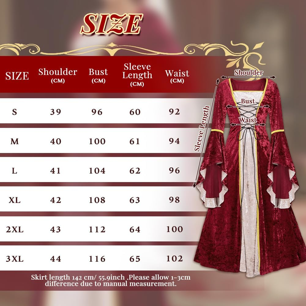 AUTOWT Medieval Gothic Renaissance Gown Dress Costume, Velvet Witch Wench Irish Victorian Trumpet Sleeve Costumes for Women Adult Halloween Cosplay Dress up Party image number 2