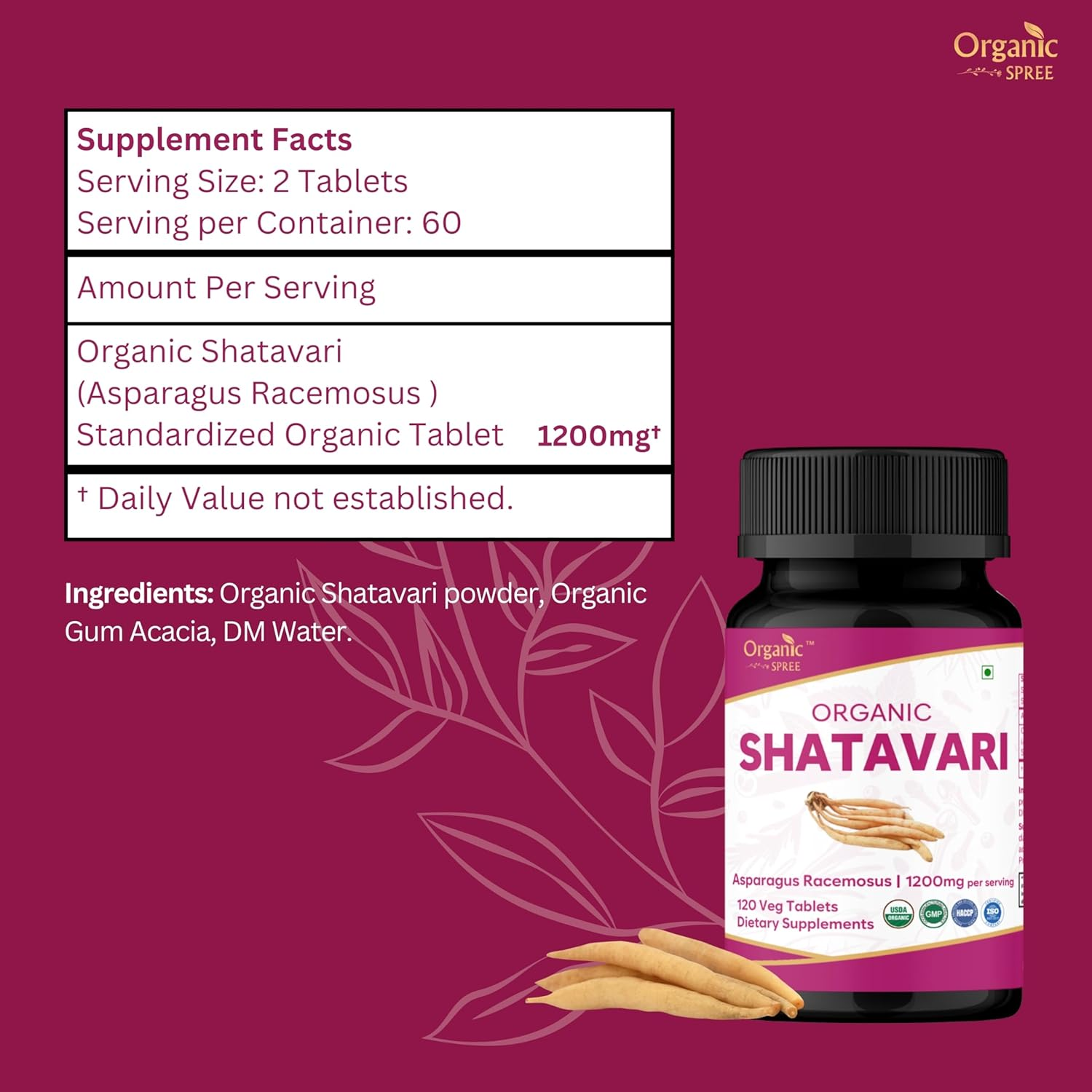 Shatavari 120 Tablets | Asparagus Racemosus (Shatavari) | USDA Organic Certified | Organic and Natural 120Tab