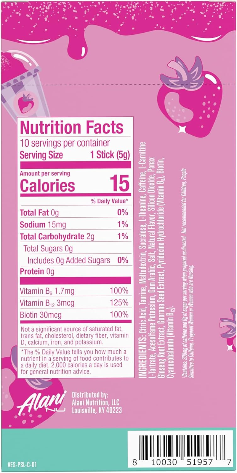Alani Nu PINK SLUSH Energy Sticks, Energy Drink Powder, 200Mg Caffeine, Pre Workout Performance with Antioxidants, On-The-Go Drink Mix, Biotin, B Vitamins, Zero Sugar, 5-10 Calories, 10 Pack image number 6