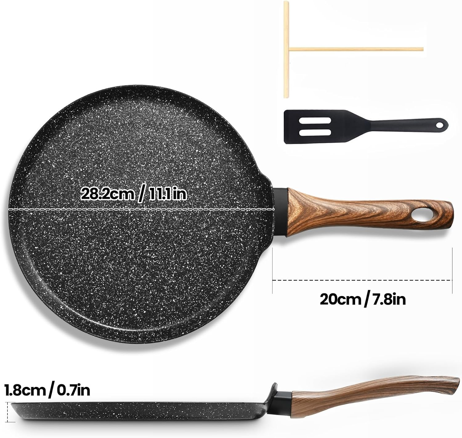 JNNQI Non-Stick Crepe Pan 28 Cm (11 Inch), Pfoa-Free Non-Toxic Coating, Gas/Electric/Induction Stovetop Compatible, Includes Silicone Spatula and Wooden Crepe Spreader Tool image number 1