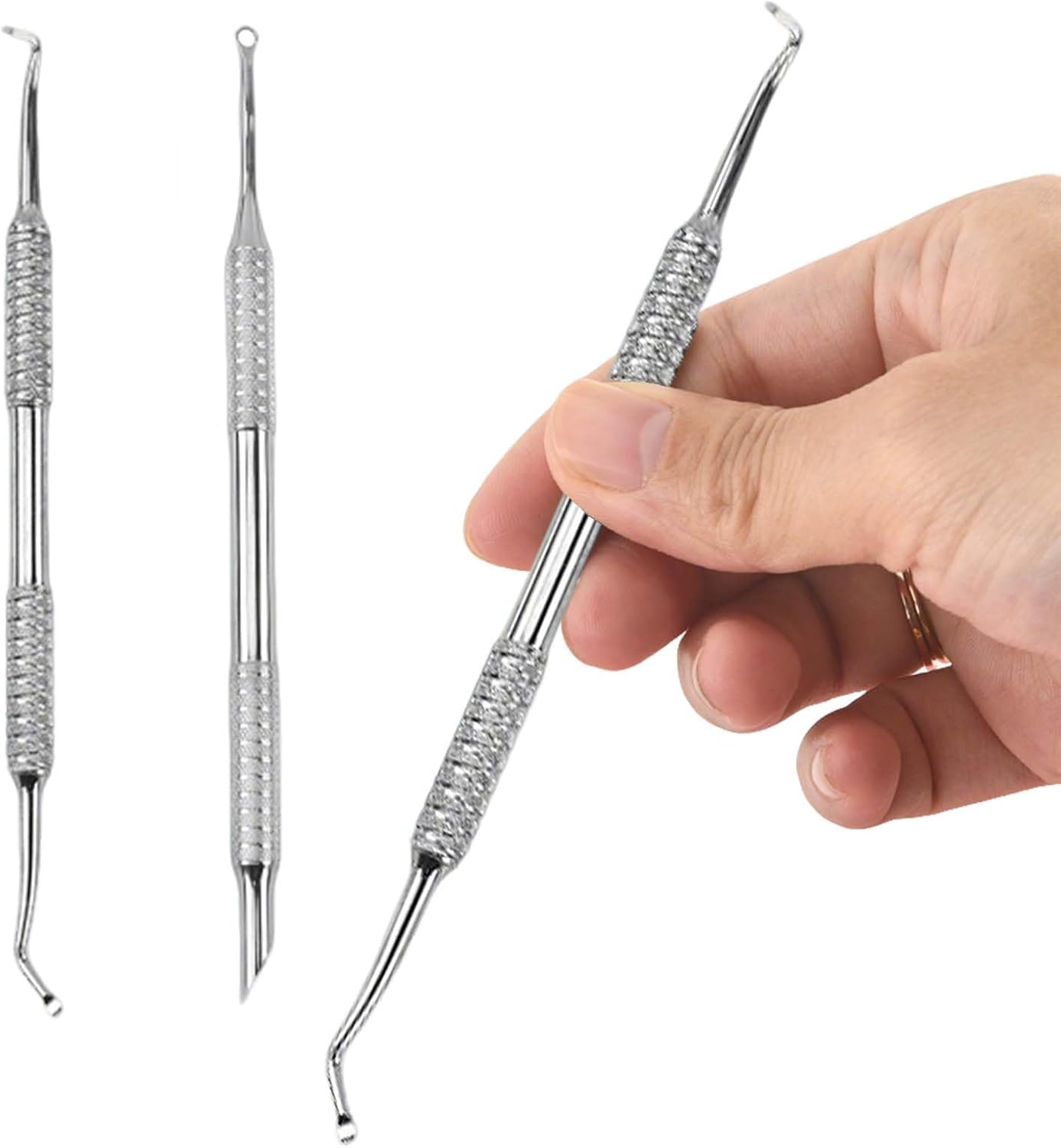 2PCS Professional Cuticle Pusher Tools - Dual Ended Stainless Steel Nail Care Kit with Non-Slip Grips for Manicure, Pedicure & Cuticle Trimming (Silver) image number 1