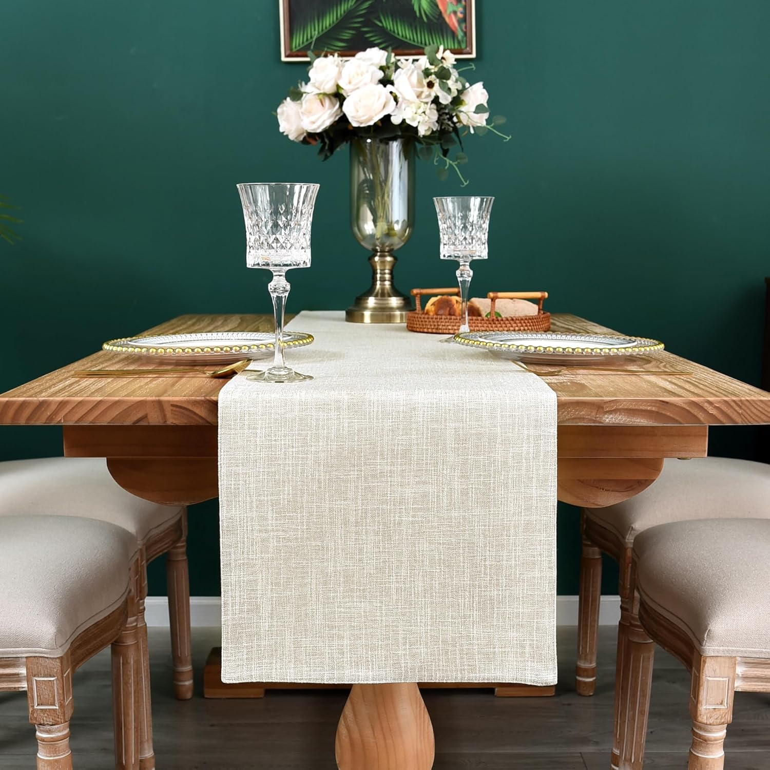 Reversible Double Layer Table Runner Faux Linen Fabric Beige Table Runners Elegant Rustic Farmhouse Runners for Kitchen Dining Coffee Table 13X48 Inch (33X122 Cm) image number 6