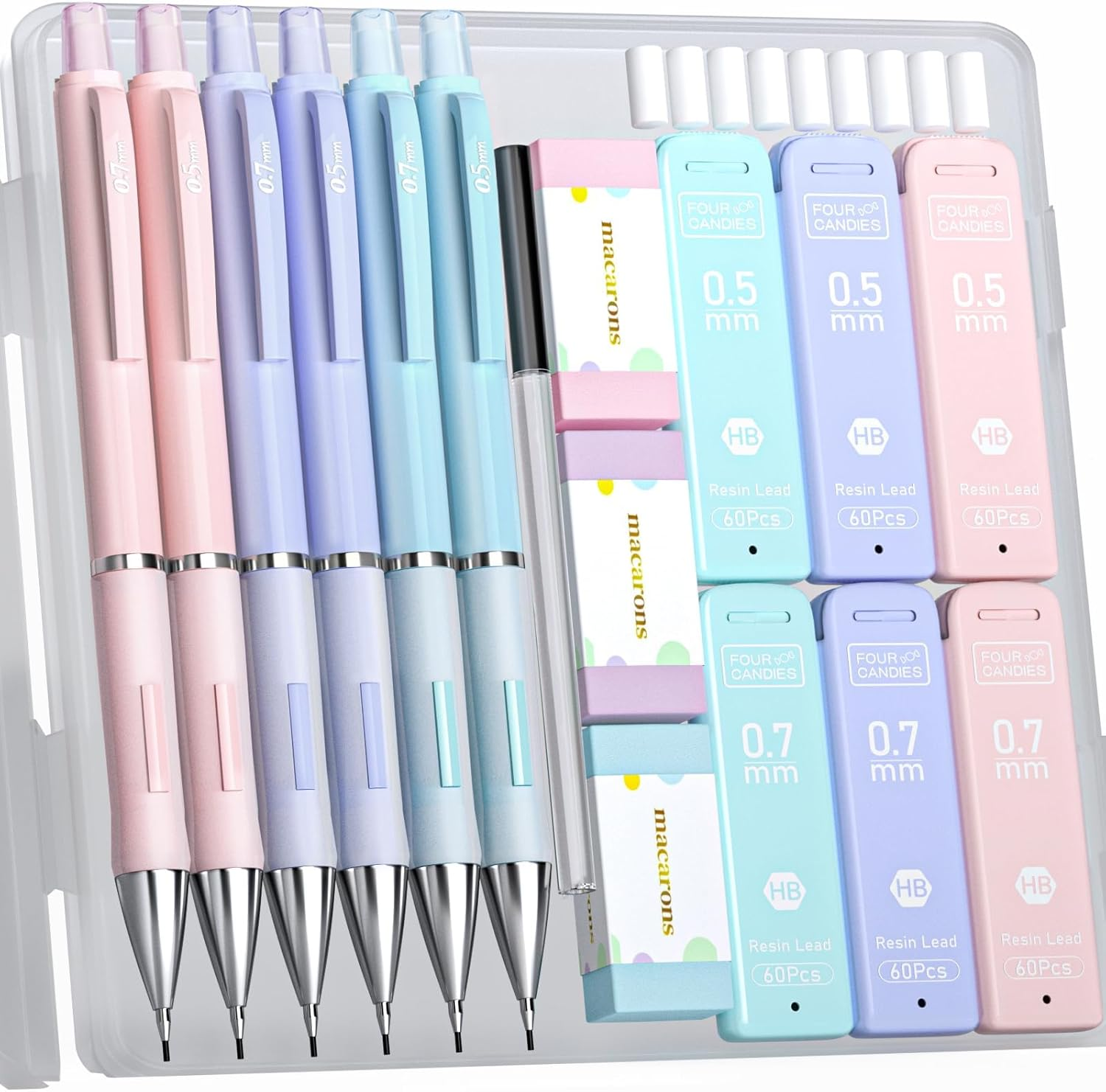 Four Candies Pastel Mechanical Pencil Set - 6PCS 0.5 Mm & 0.7Mm Pencils with 360PCS HB #2 Lead Refills, 3PCS Erasers and 9PCS Eraser Refills, Cute School Supplies Stuff for Student Writing Drawing image number 2
