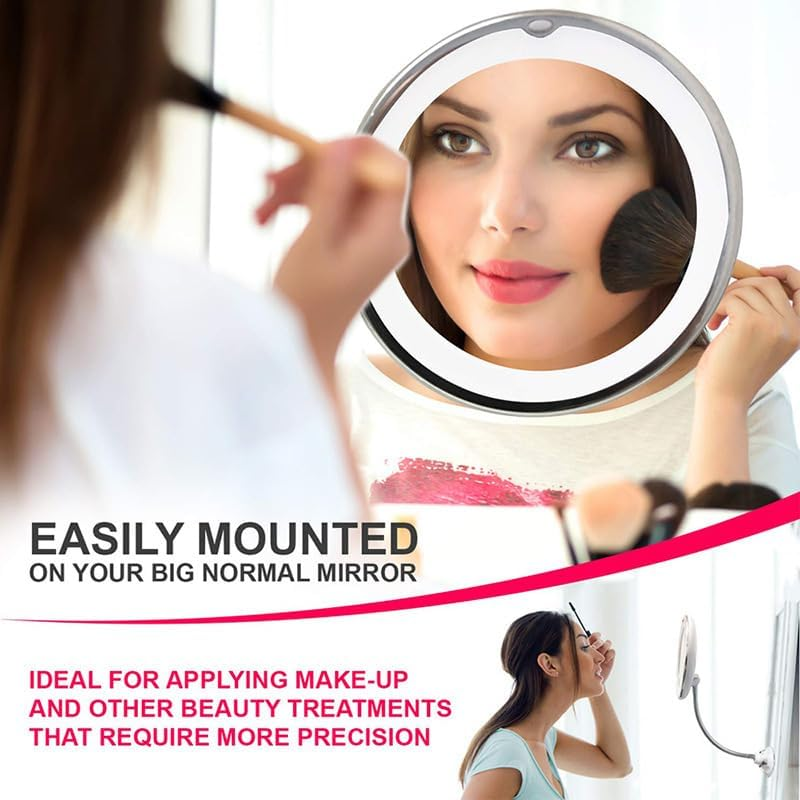 10X Magnifying Makeup Mirror with LED Light, 360&deg; Rotating Flexible Gooseneck, Suction Cup Wall Mount image number 3