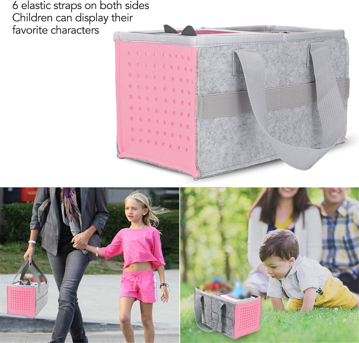 Ejoyous Felt Carrying Case for Toniebox Starter Set with Middle Divider & 6 Elastic Straps Foldable Portable Thick Scratch-Resistant with Handle for Speaker/Headphone Accessories (Pink) - Pink image number 6