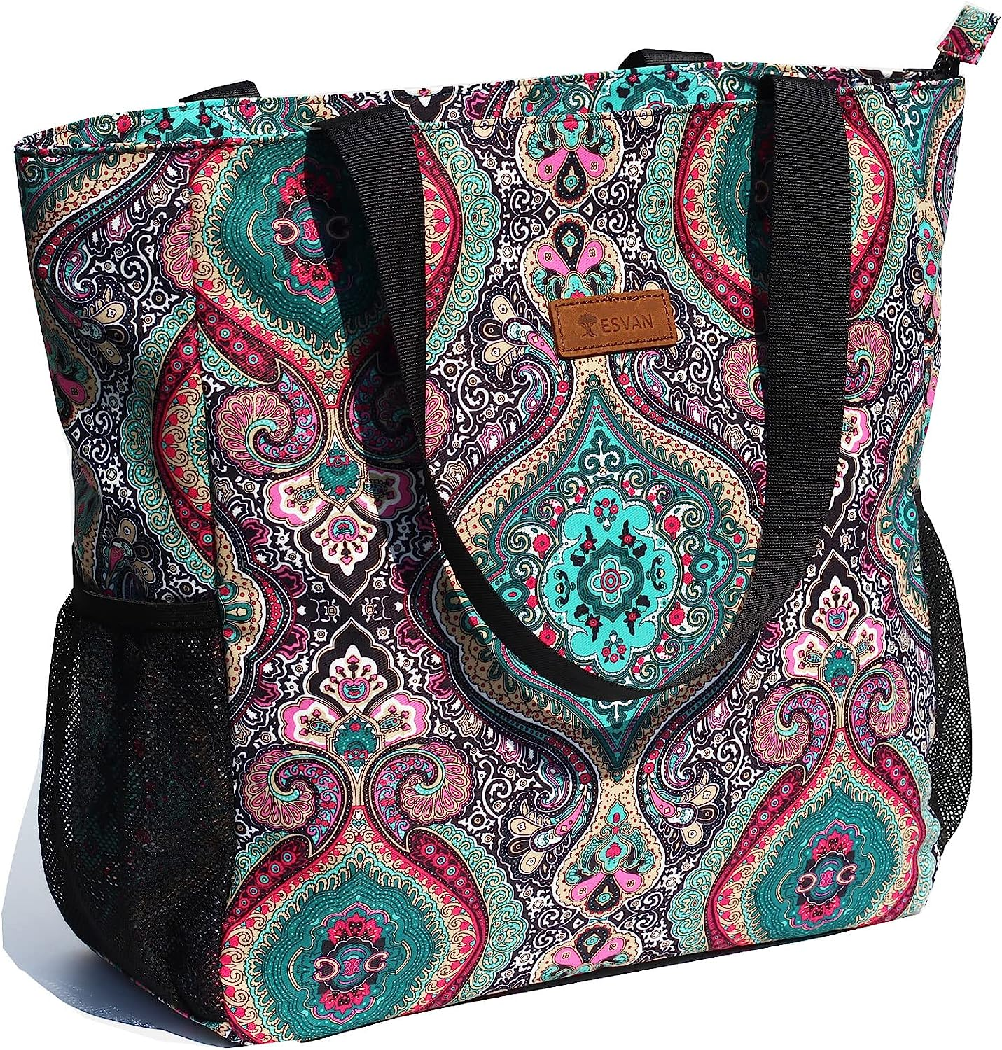 ESVAN Original Floral Water Resistant Large Tote Bag Shoulder Bag for Gym Beach Travel Daily Bags Upgraded, [A] Floral Leaf, Large