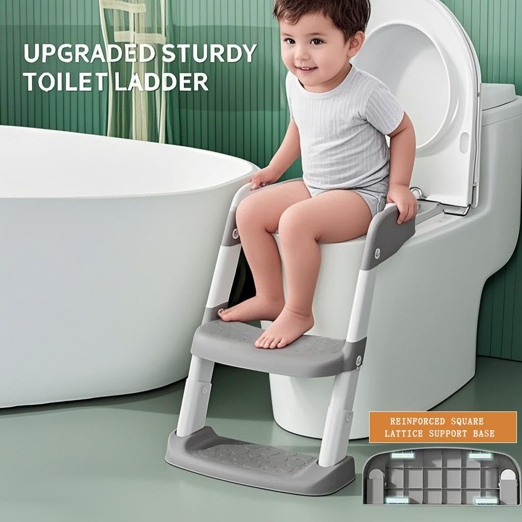 Toilet Potty Training Seat with Step Stool Ladder, Comfortable Safe Potty Seat with Anti-Slip Pads Ladder for Kids Boys Girls Toddlers (Grey) image number 2