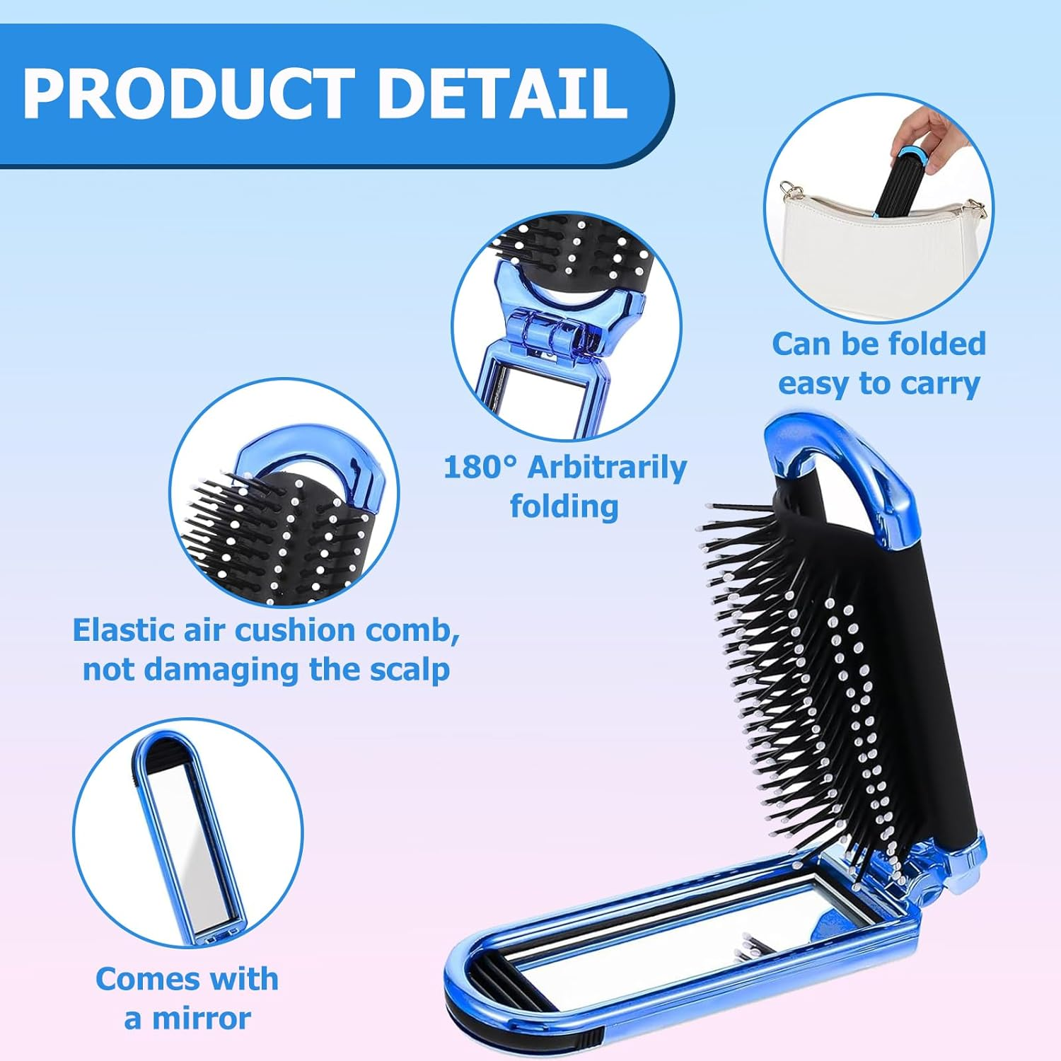 Mini Travel Hair Brush Small Foldable Compact Hair Brush with Mirror and Nylon Bristles Portable Comb for Gym Bag Purse Locker for Women and Men (Sky Blue, 1 Pcs) image number 6