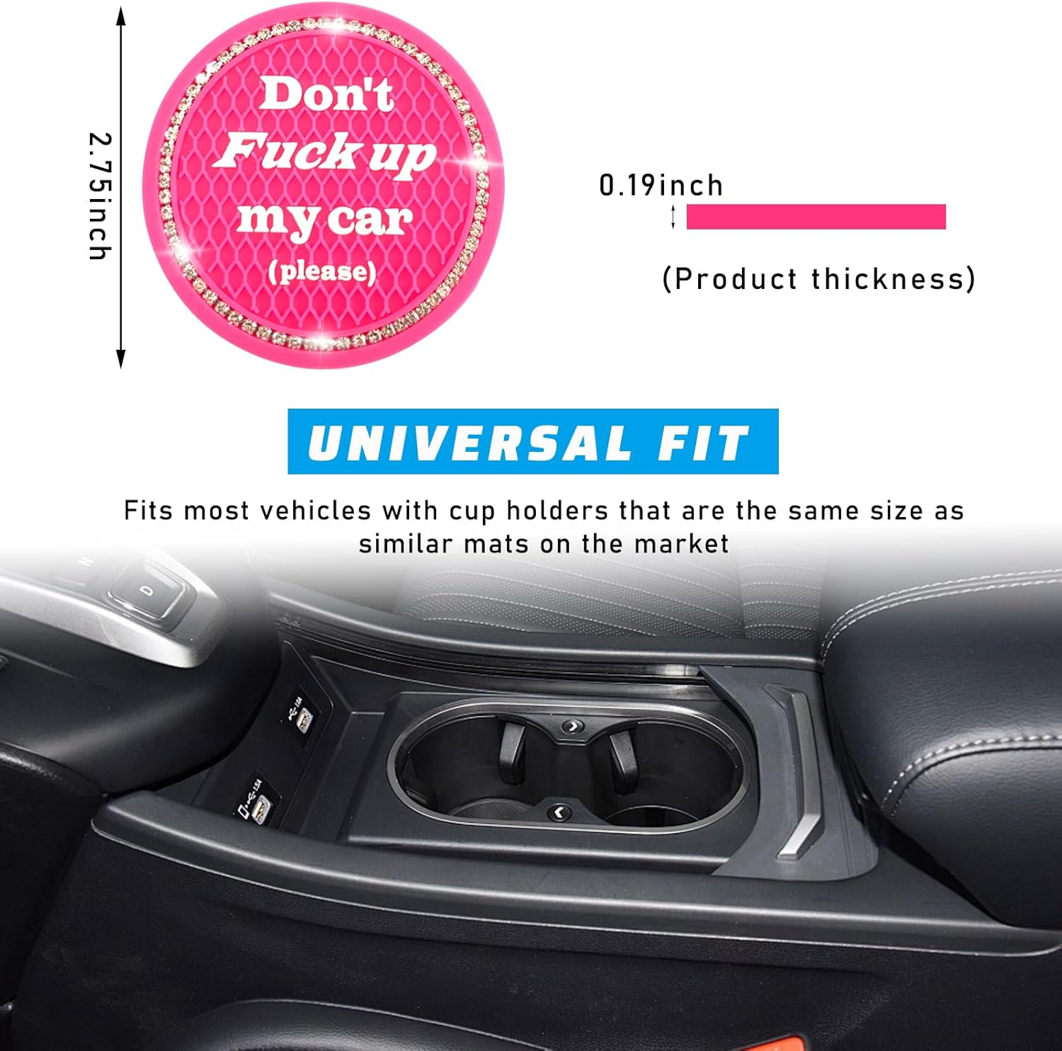 4 PCS Bling Car Cup Coaster, 2.75 Inch Anti-Slip Cup Holder Insert Coasters, Universal Crystal Rhinestone Auto Drink Car Cup Mat, Interior Car Accessories for Women Girls (Rose Red) - Black image number 4