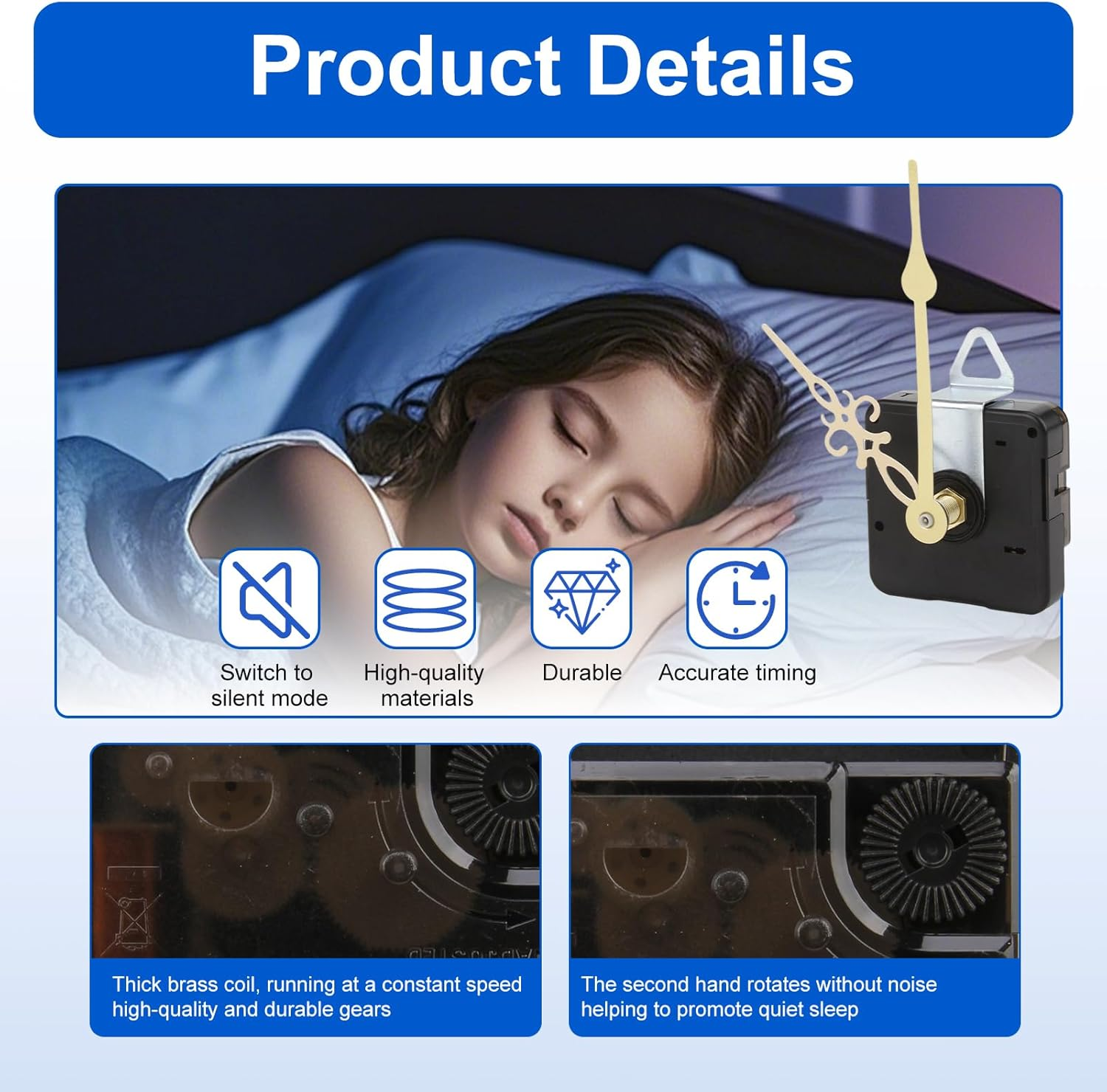 Clock Mechanism Replacement Kit, Clock Motor Movement Wall Replacement DIY Quartz, Clock Accessories, Non-Ticking DIY Set - 2 Mechanisms & 5 Metal Hands image number 3
