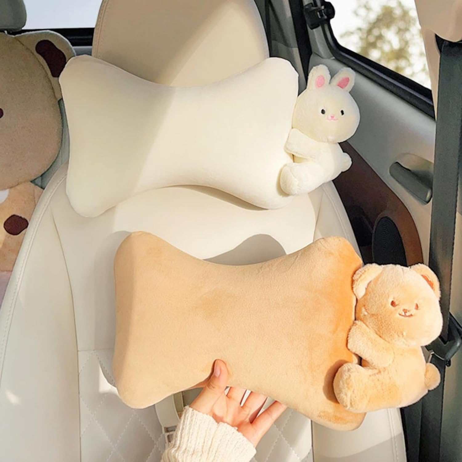 Car Headrest Pillow 2PCS Plush Bear ＆ Bunny Car Seat Headrest Pillow - Memory Foam Neck Support Cushions for Comfortable Driving, Easy Install & Washable (Bear+Rabbit) image number 1