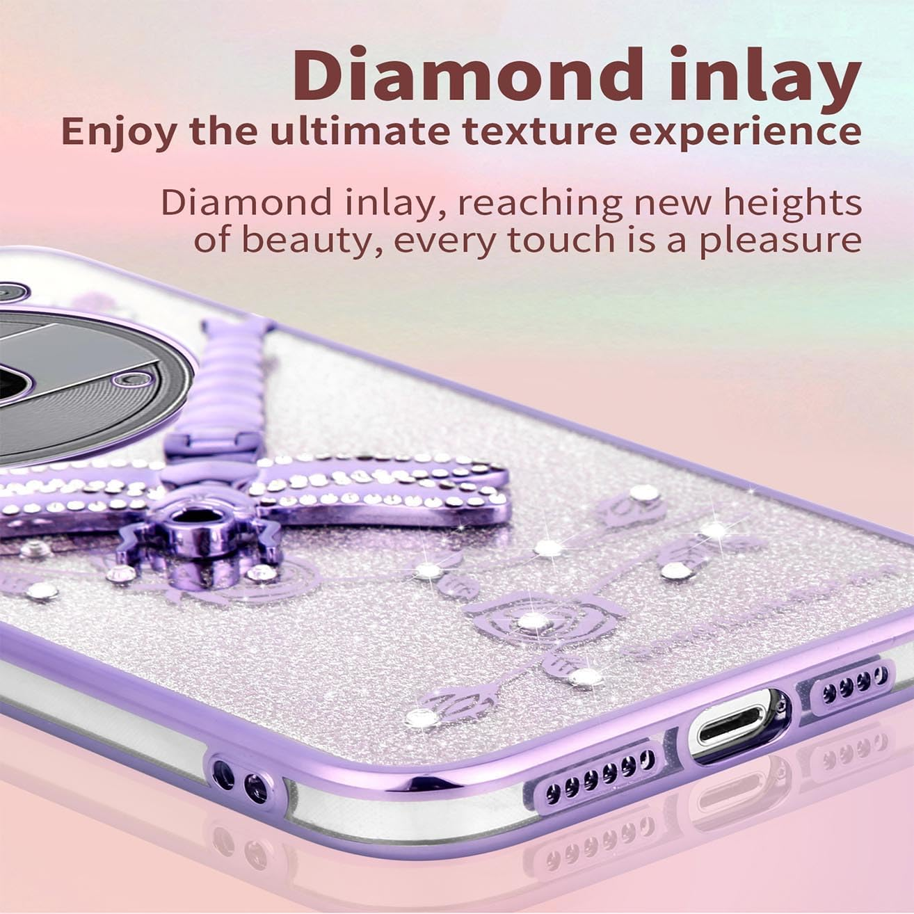 YUEQIAN Transparent Glitter Case for Nothing Phone (3A) Pro, Ultra Thin Glitter Bling TPU Shockproof Mobile Phone Case, Shiny Flowers Dragonfly Stand Girl Protective Case Purple image number 2