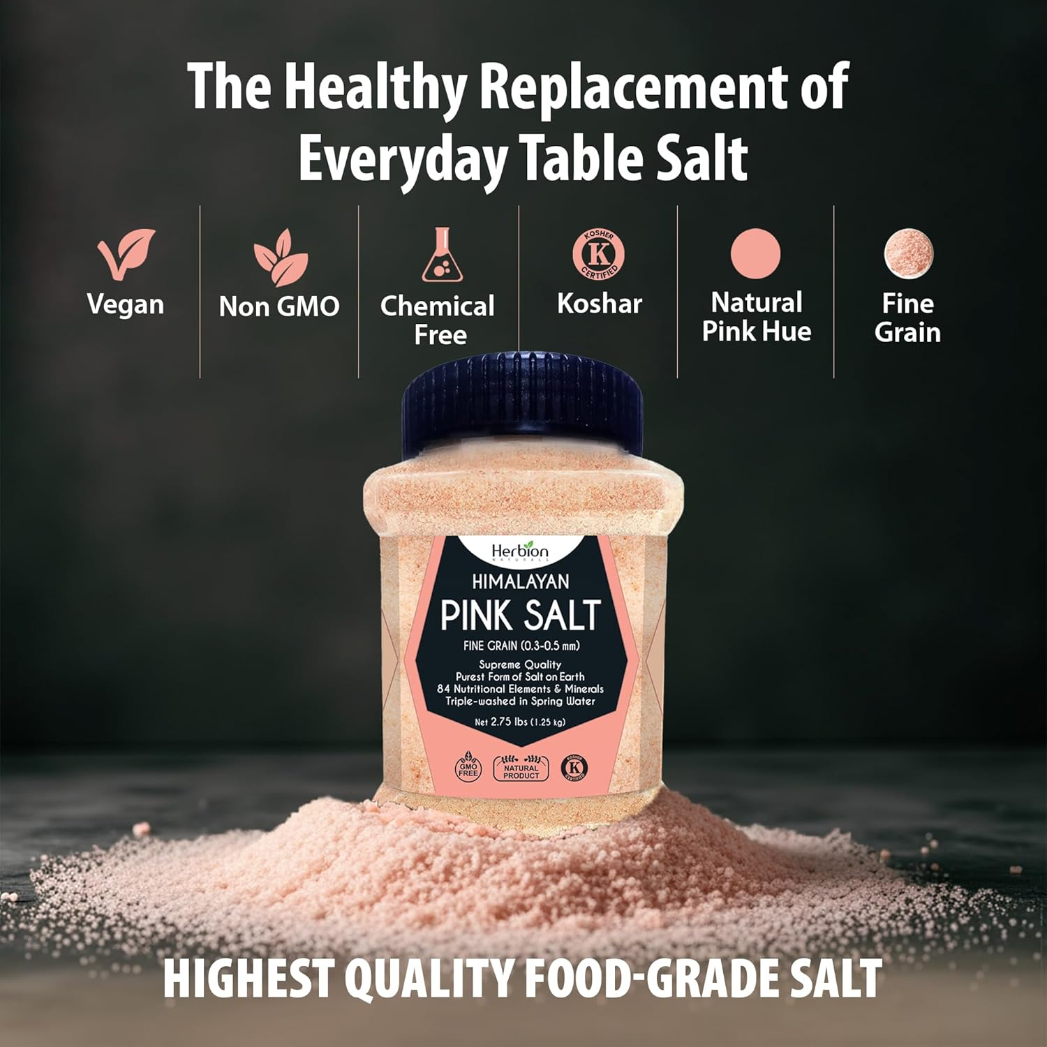 Herbion Naturals Himalayan Pink Salt Jar - Fine Grain, 1.25 Kg | GMO Free, Vegan, Kosher Certified | Triple-Washed, Chemical Free image number 2