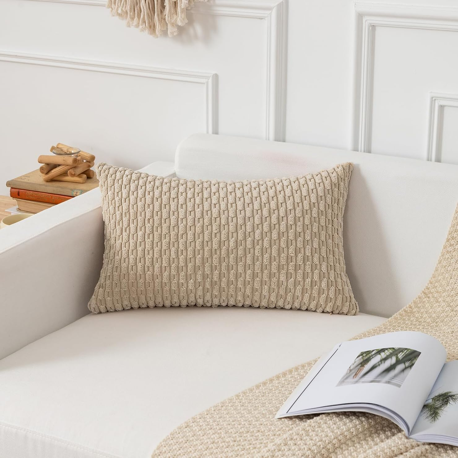 2Pcs Cushion Covers 30Cm X 50Cm, Corduroy Decorative Throw Pillow Covers Soft Boho Striped Pillow Case Modern Farmhouse Home Decor for Sofa Living Room Couch Bed (Khaki, 50Cmx30Cm) - Khaki image number 6