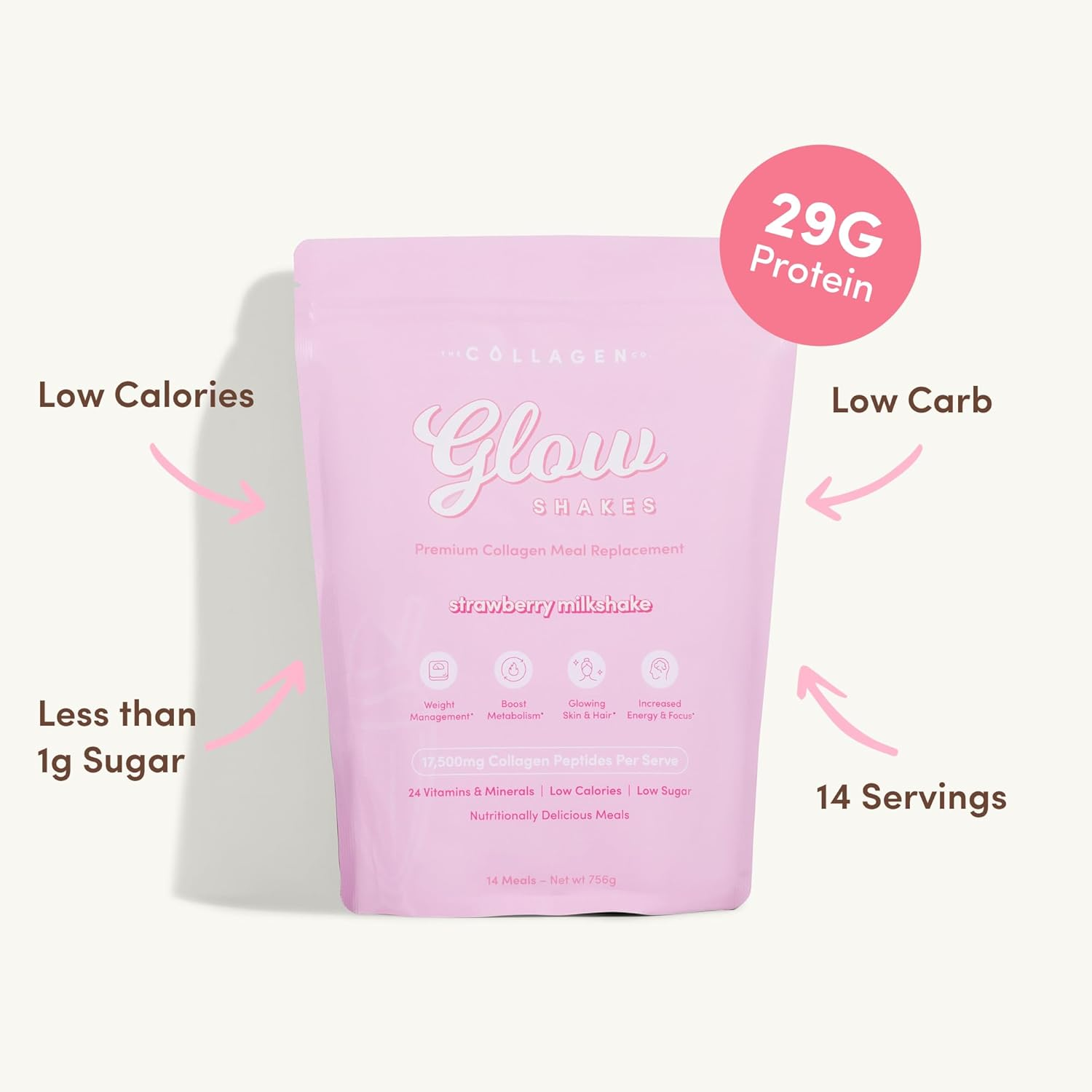 The Collagen Co. Glow Shakes Collagen Meal Replacement - High Protein, Keto-Friendly Shake with Hydrolyzed Collagen Peptides, MCT Oil, and 24 Essential Vitamins & Minerals (756 Grams, Strawberry) image number 4