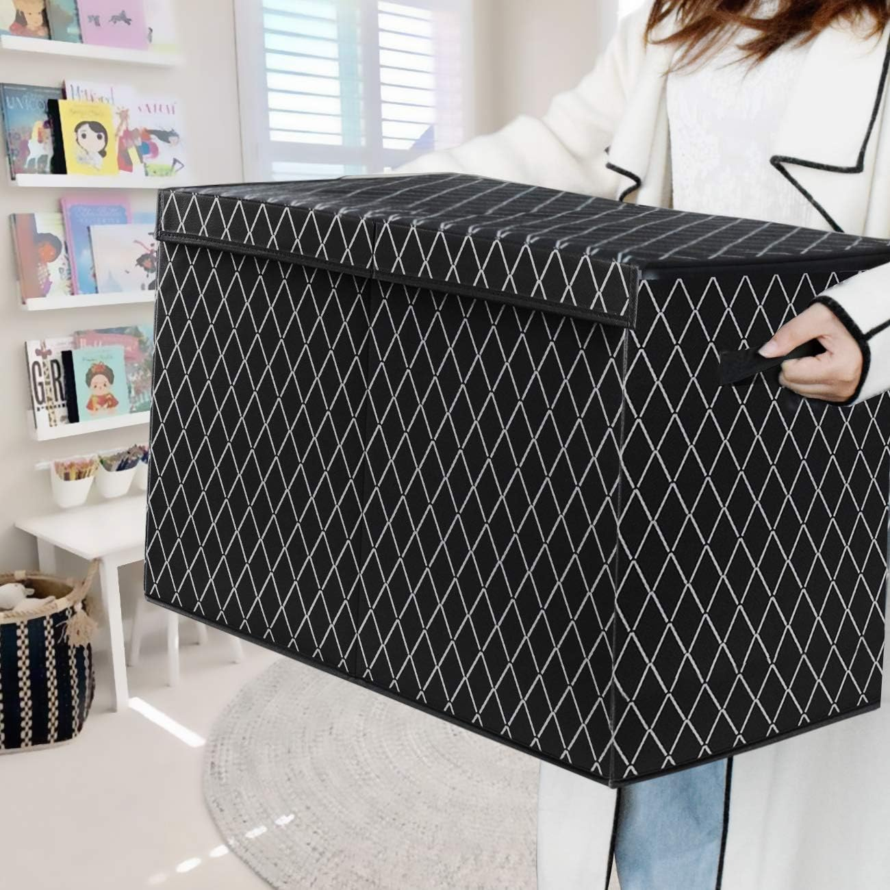 Toy Chest Box Organizer Bins for Boys Girls, Kids Large Collapsible Storage Box Container Sturdy with Fabric Flip-Top Lid & Handles for Clothes, Blanket, Nursery, Playroom, Bedroom, (Black) image number 1