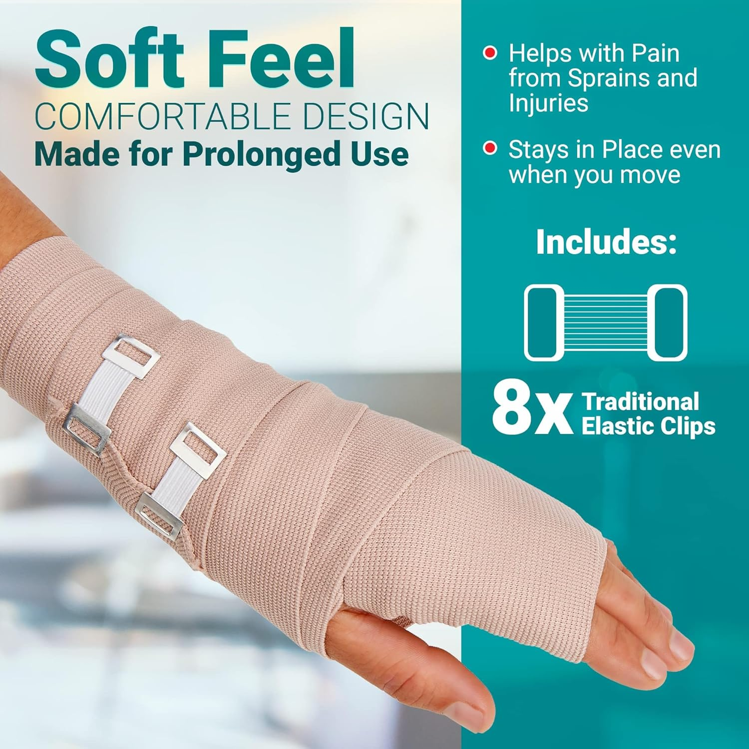 Medca Elastic Compression Bandage Wrap - First Aid Bandages Roll Measures 2", 3", 4", 6" X 5 Ft with 4 Extra Hooks - Athletic Sports Stretch Wraps for Ankle, Wrist, Arm & Leg Sprains (Pack of 8) image number 4