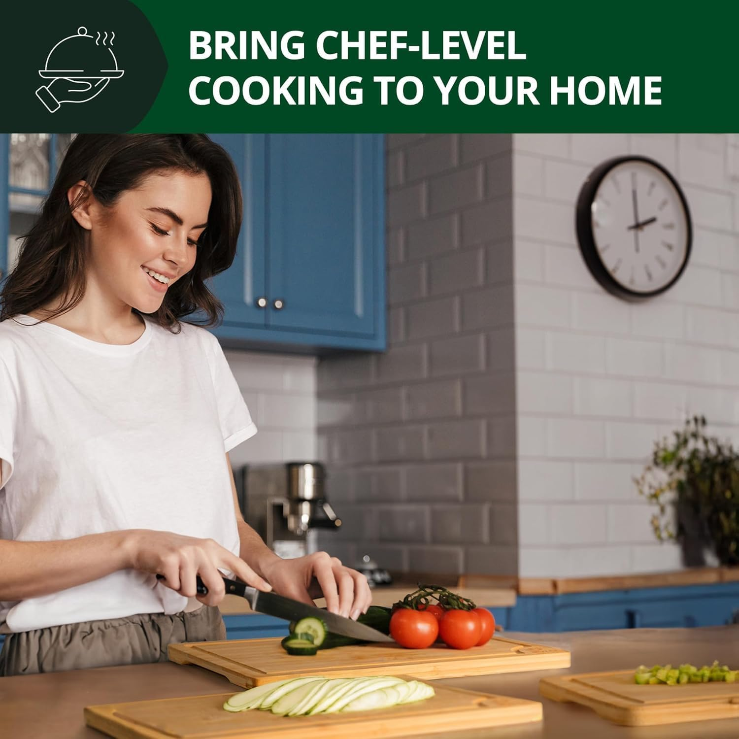 Wooden Cutting Boards for Kitchen Meal Prep & Serving - Bamboo Wood Serving Board Set with Deep Juice Groove Side Handles - Charcuterie & Chopping Butcher Block for Meat (Natural) image number 3