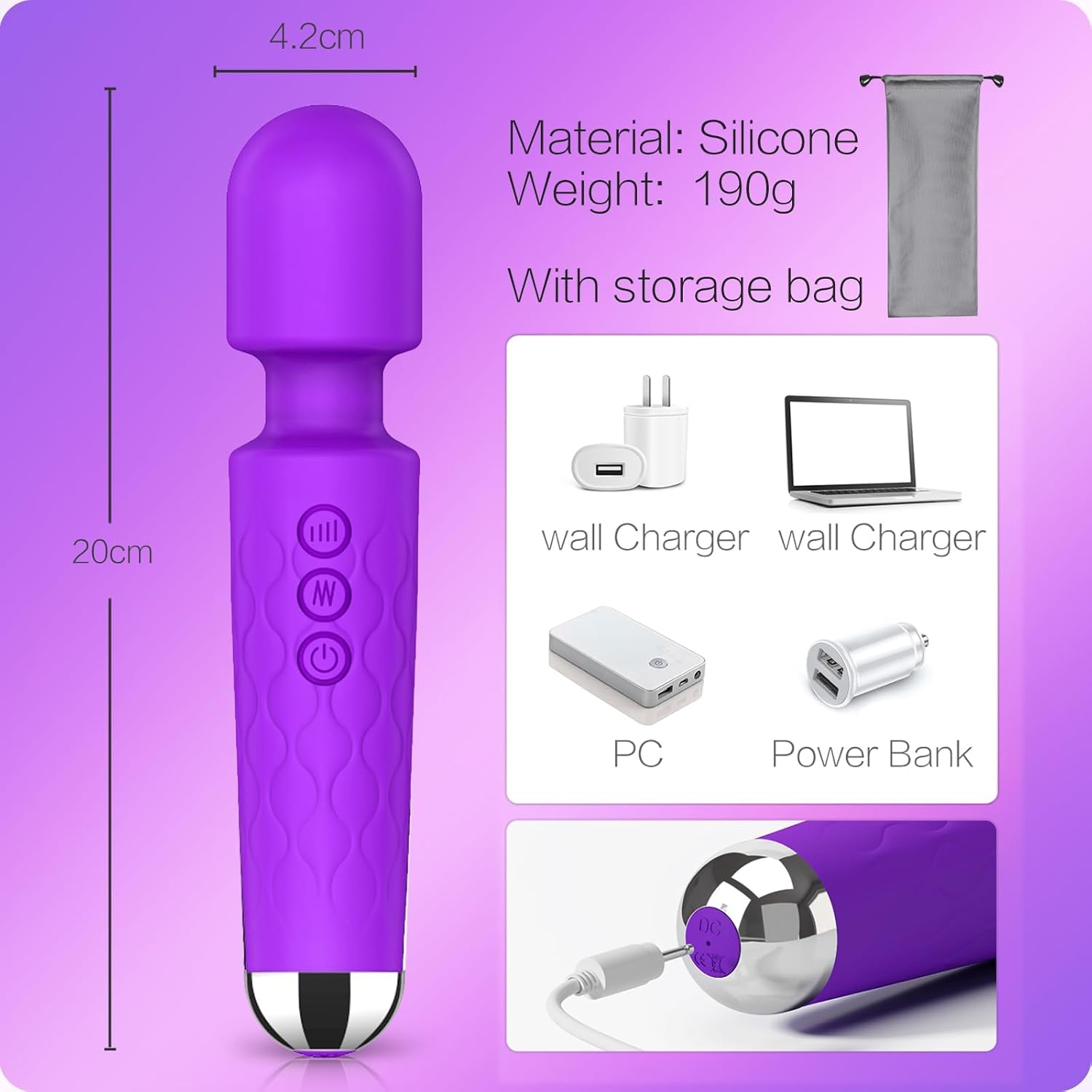Vibrator Wand for Women - 20 Patterns & 8 Speeds G-Spot/Clitoral Stimulator, Quiet Cordless Dildo Massager, Submersible Adult Sex Toy Rechargeable Waterproof Big (Purple) image number 1