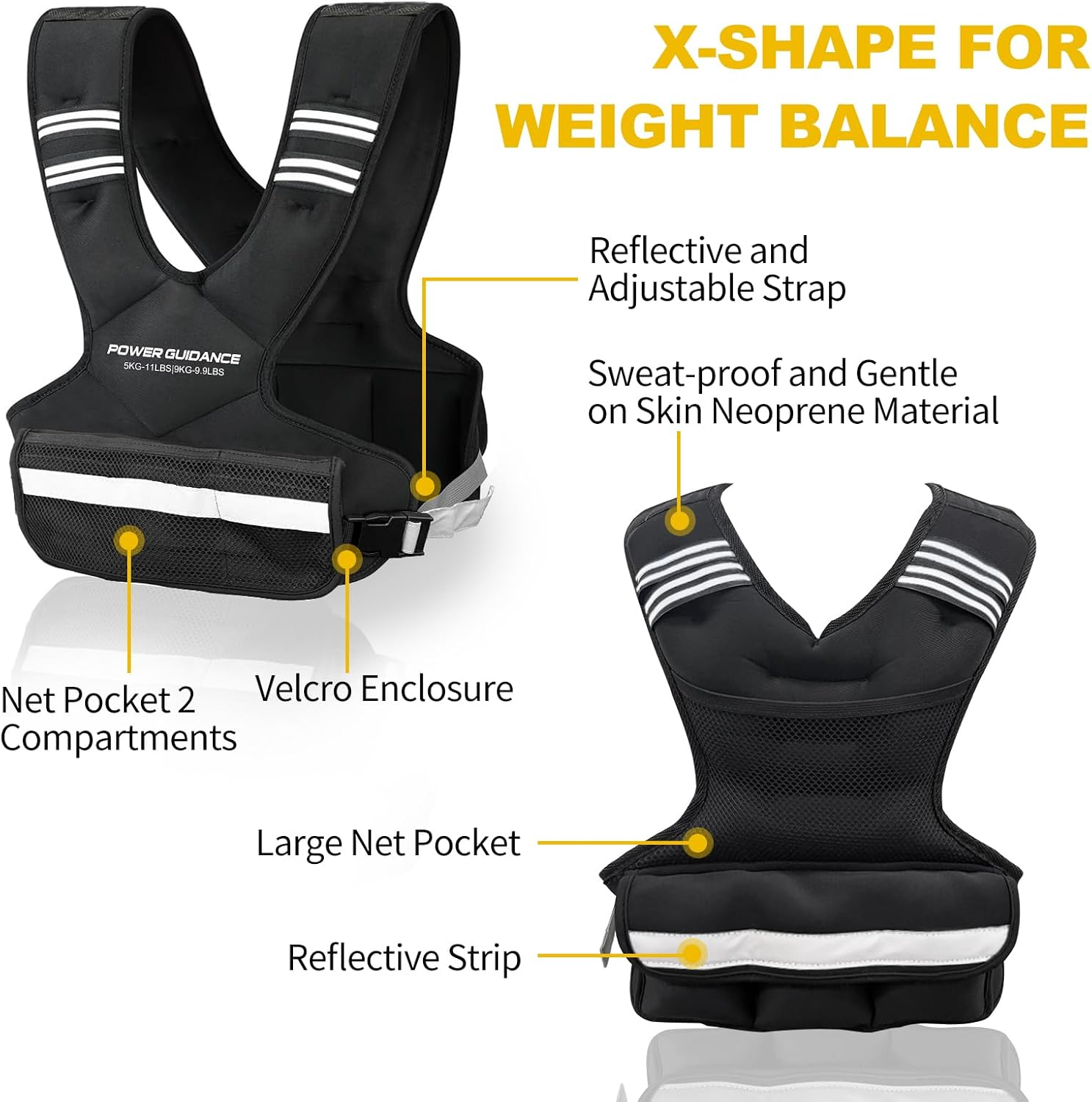 POWER GUIDANCE Verstellbare Gewichtsweste Weighted Vest, 5-9KG / 9-14.4KG Gewichtswesten Mit Reflektierenden Streifen F&uuml;r Mann Und Frau, Laufweste & Trainingsweste F&uuml;r Krafttraining & Aerobic-&Uuml;bungen