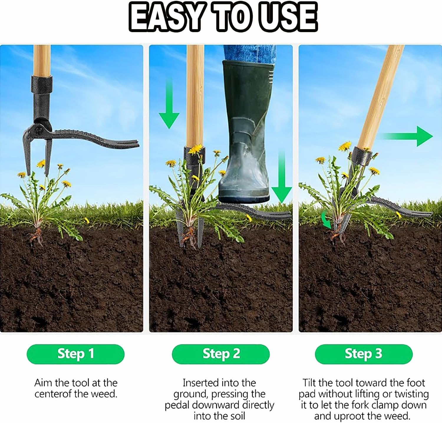 Weed Puller Tool Stand up Duty Weed Remover Tool with Long Handle Foot Platform Design-4 Claw Steel Head Weeder Tool Bamboo Garden Hand Weeding Tool Smoothly Remove Weeds without Kneeling