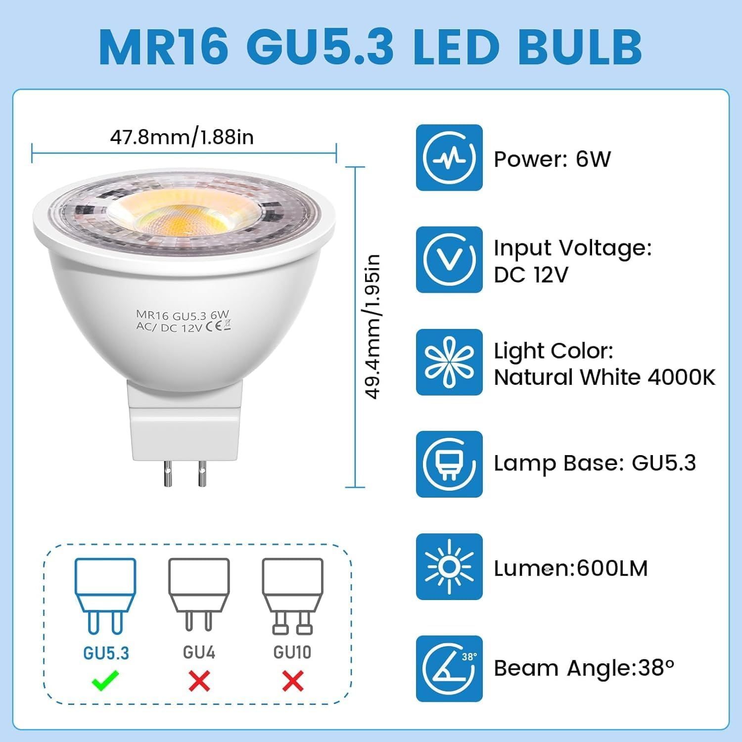Bonlux GU5.3 LED Spotlight Bulb, 6W Equivalent to 50W Halogen Bulb, AC/DC 12V Bi Pin Base LED Light Bulb, MR16 38&deg; Beam Angle Natural White 4000K (Non-Dimmable, Pack of 6) image number 6