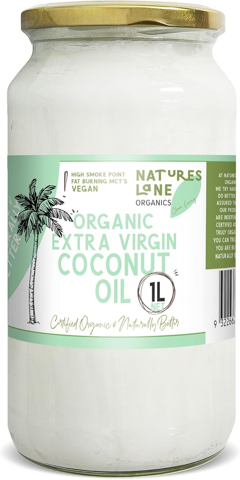 Natures Lane Organic Extra Virgin Coconut Oil in Glass Jar 1 Liter