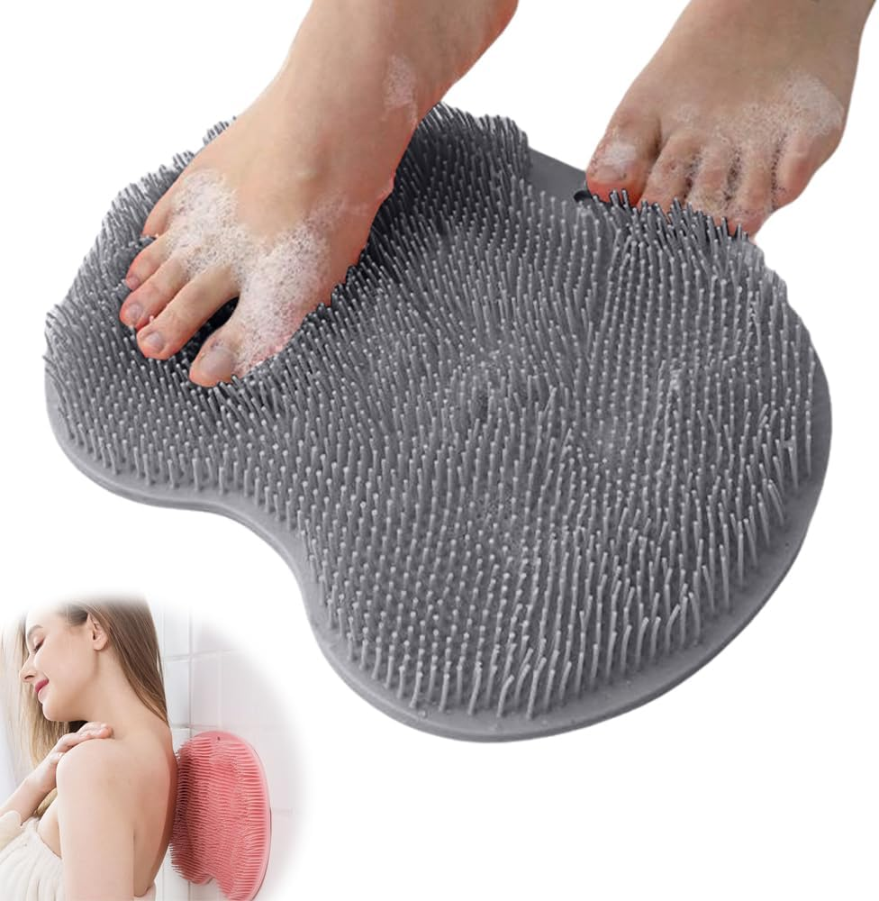 Shower Foot Scrubber Mat with Non-Slip Suction Cups, Foot Back Cleaning Pad Back Washer Exfoliating Bath Wash Pad, Non Slip Bathtub and Shower Mat with Suction Cups and Drain Holes (Grey)