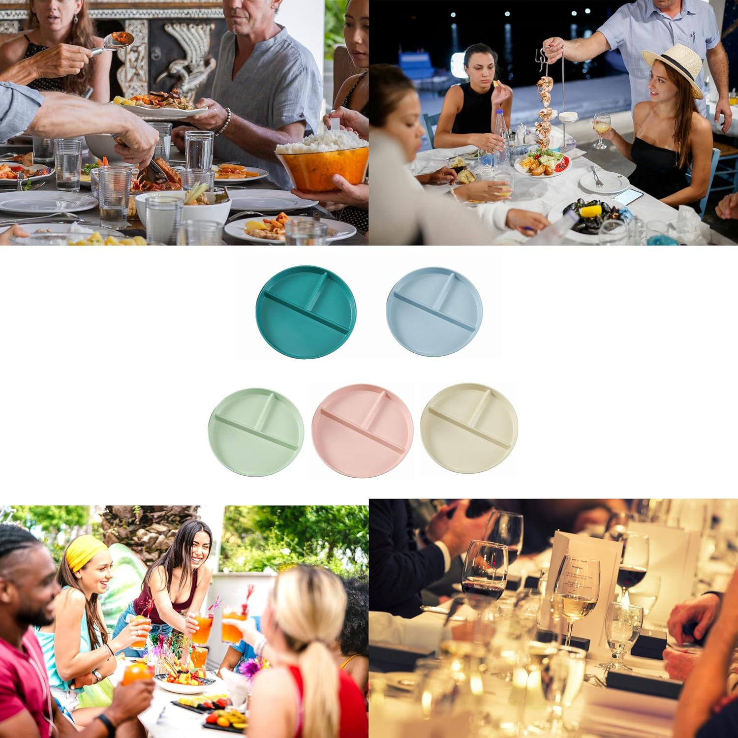 5 Pack Colorful round Divided Dinner Plate,Ideal for Weight Loss, Meal Prep, and Kids, Durable, and Microwave Safe (5, Dark Green, Blue, Green, Pink, Beige) image number 6