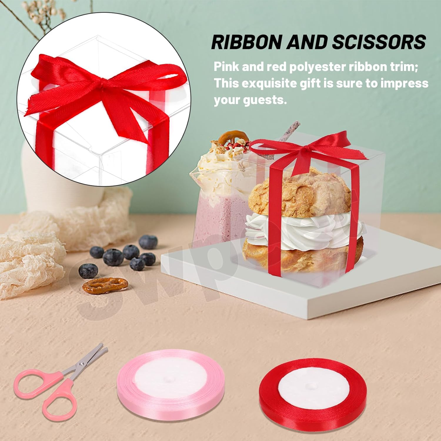 Swpeet 33Pcs 2.76" &times; 2.76" &times; 2.76" Plastic Clear Favor Boxes with Ribbons and Scissors Kit, Small Gift Boxes Transparent Cube PET Boxes Treat Boxes for Wedding Birthday Baby Shower