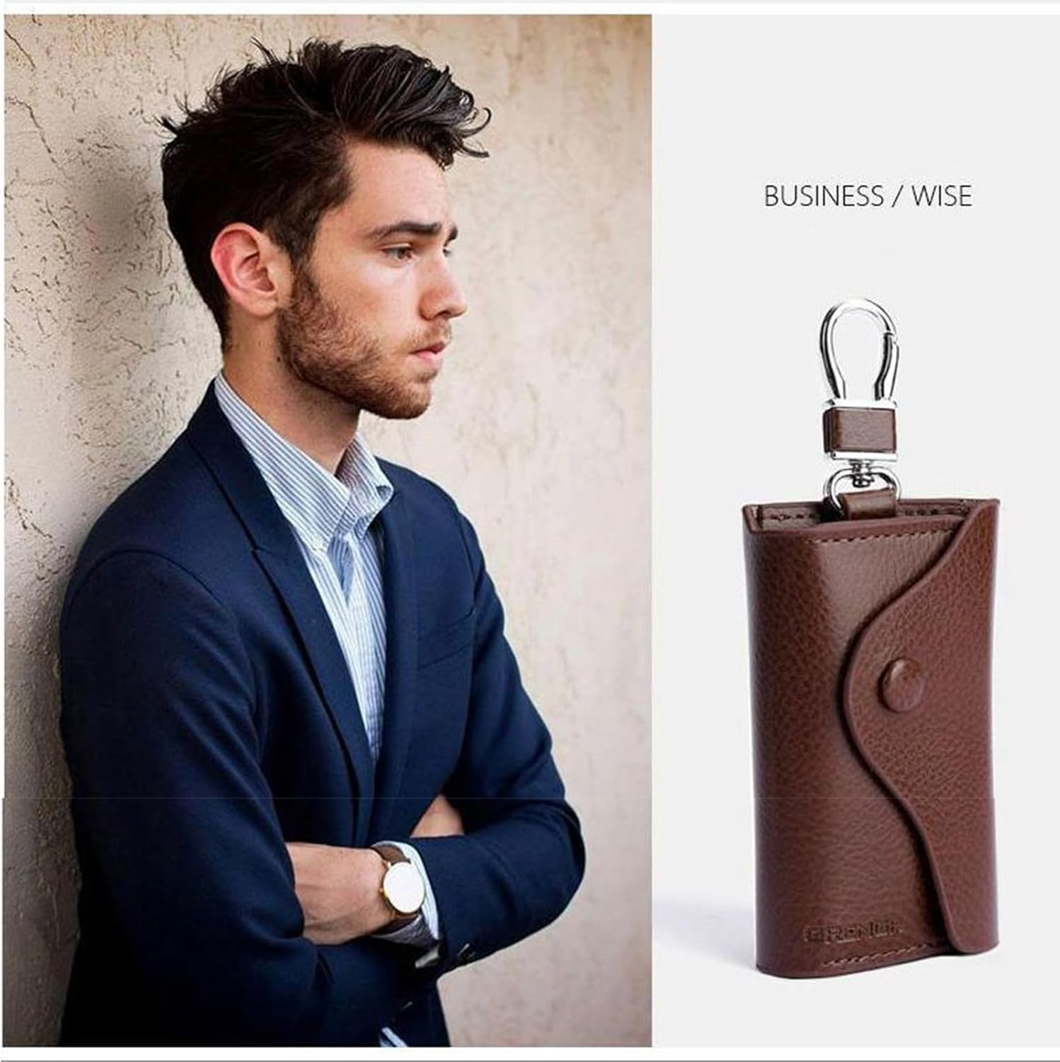 Updated Men'S PU Leather Car Key Bag with Added Stainless Steel Ring for Storing Access Cards, Car Key Case, Waist Hanging Cowhide Multifunctional Keychain Holder, Vintage Car Key Fob Wallet image number 1