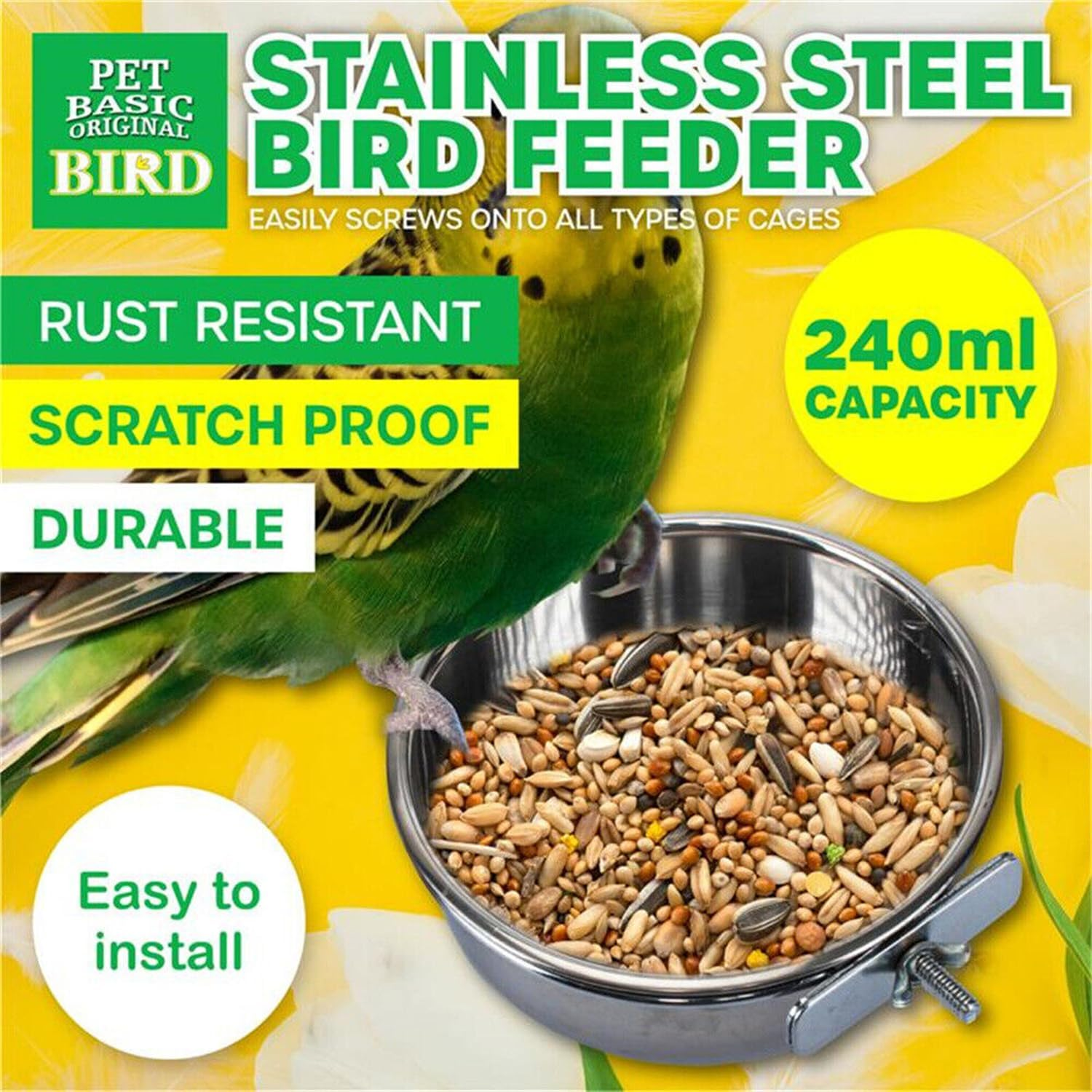 Leona Co Stainless Steel Pet Feeder Water Bowl 240Ml Bird Parrot Feeders Water Cage Bowls with Holder Bird Feeding Dish Cups for Bird Parrot Small Animal image number 3