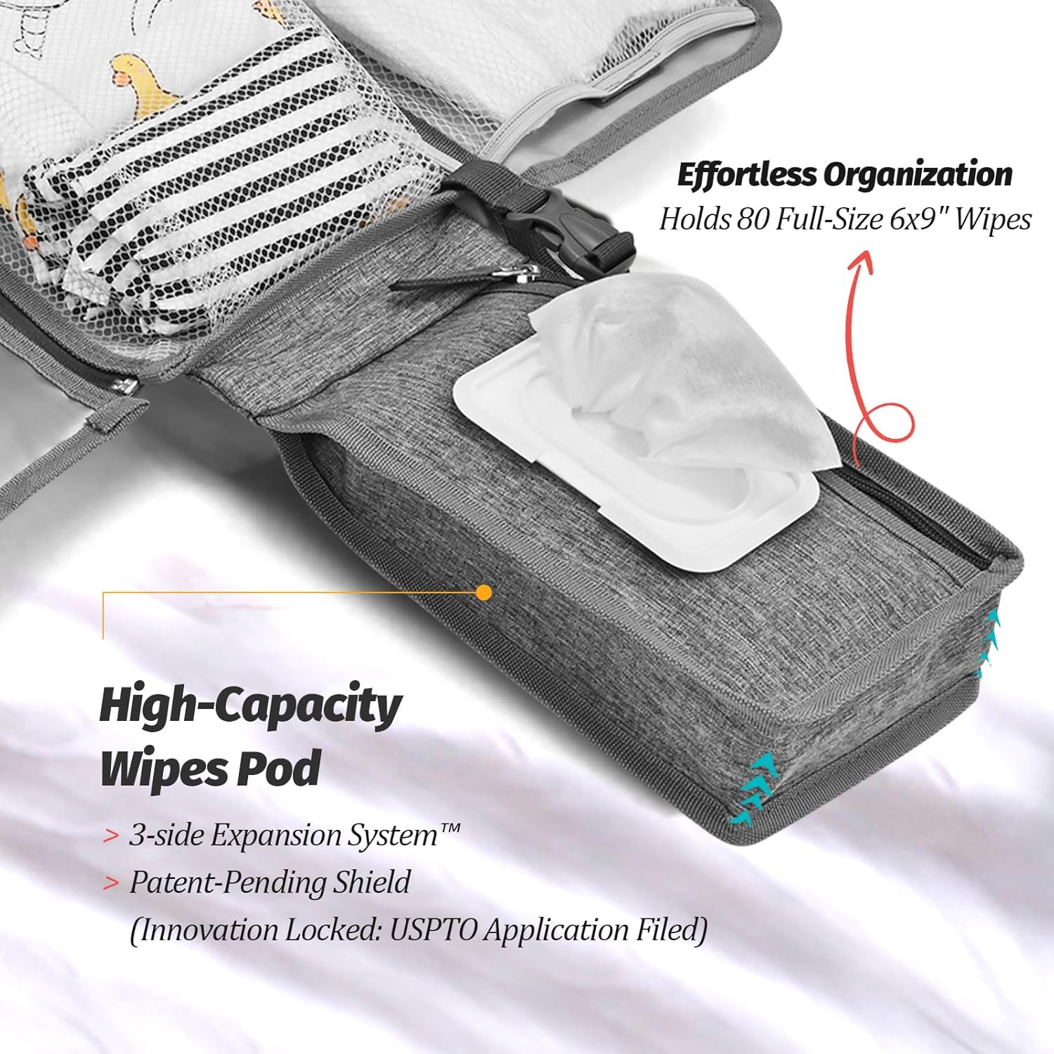 Changing Mat on the Go - Portable Changing Mat for Baby with Wipe Bag, Waterproof and Easy to Clean, Grey image number 2