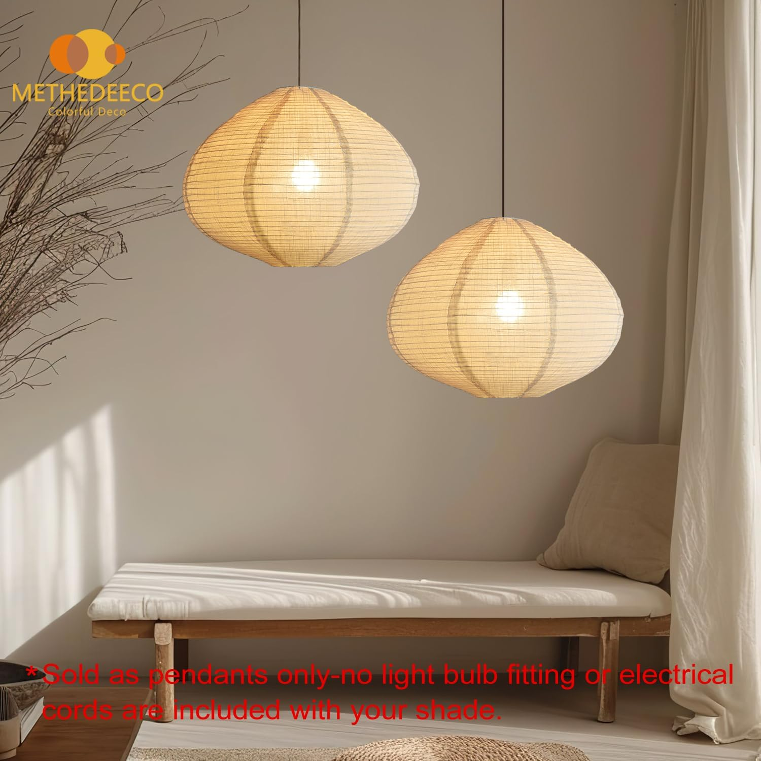 METHEDEECO - 2 Pack 16 Inch Fabric Hanging Shade Handmade Linen Minimalist Boho White Beige Foldable Living Room Home Gift image number 4