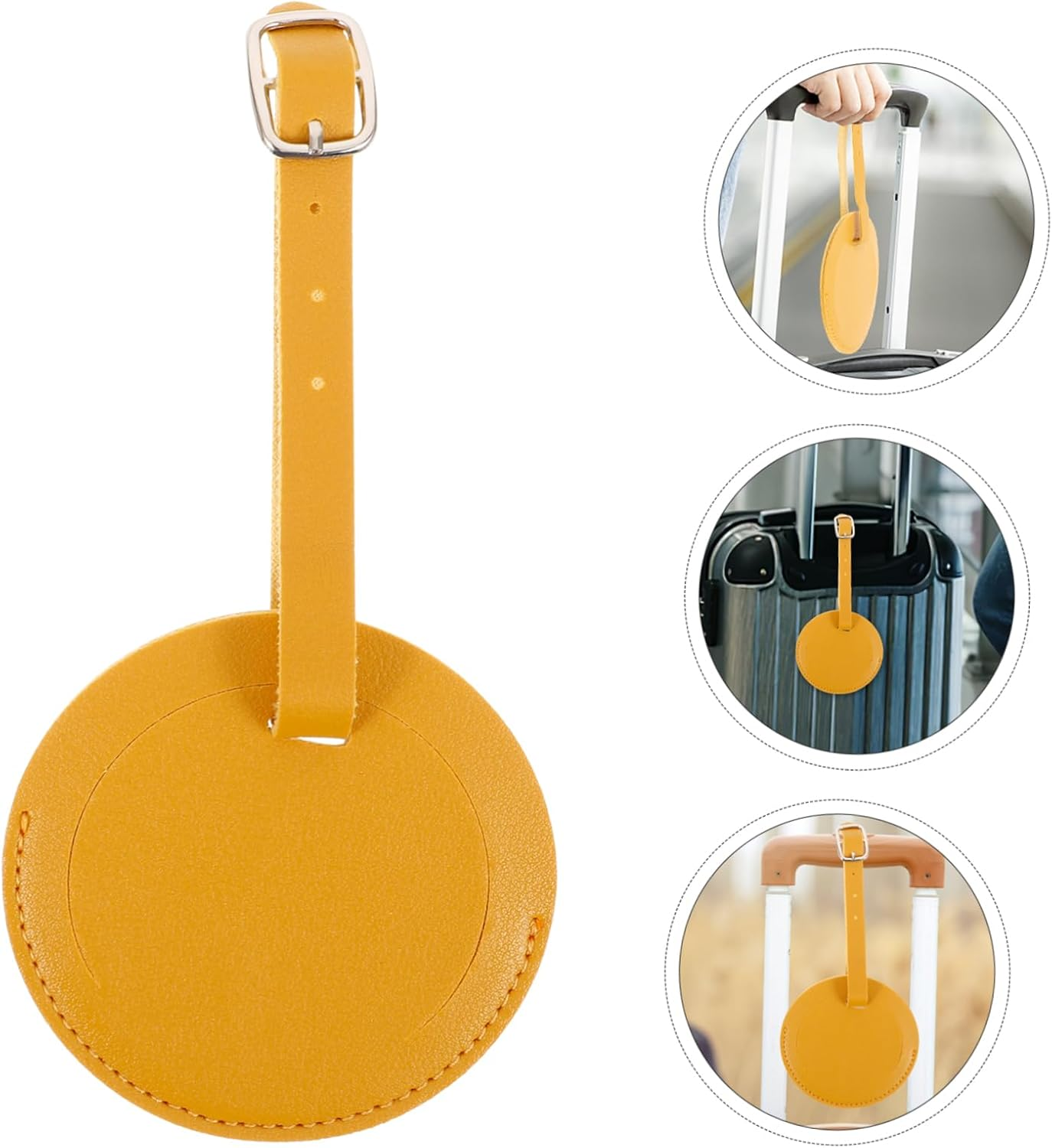 2 Pcs round Pu Leather Luggage Tags Privacy Cover Bright Yellow/Amber Sturdy Travel Bag Id Labels for Suitcase and Backpack image number 4