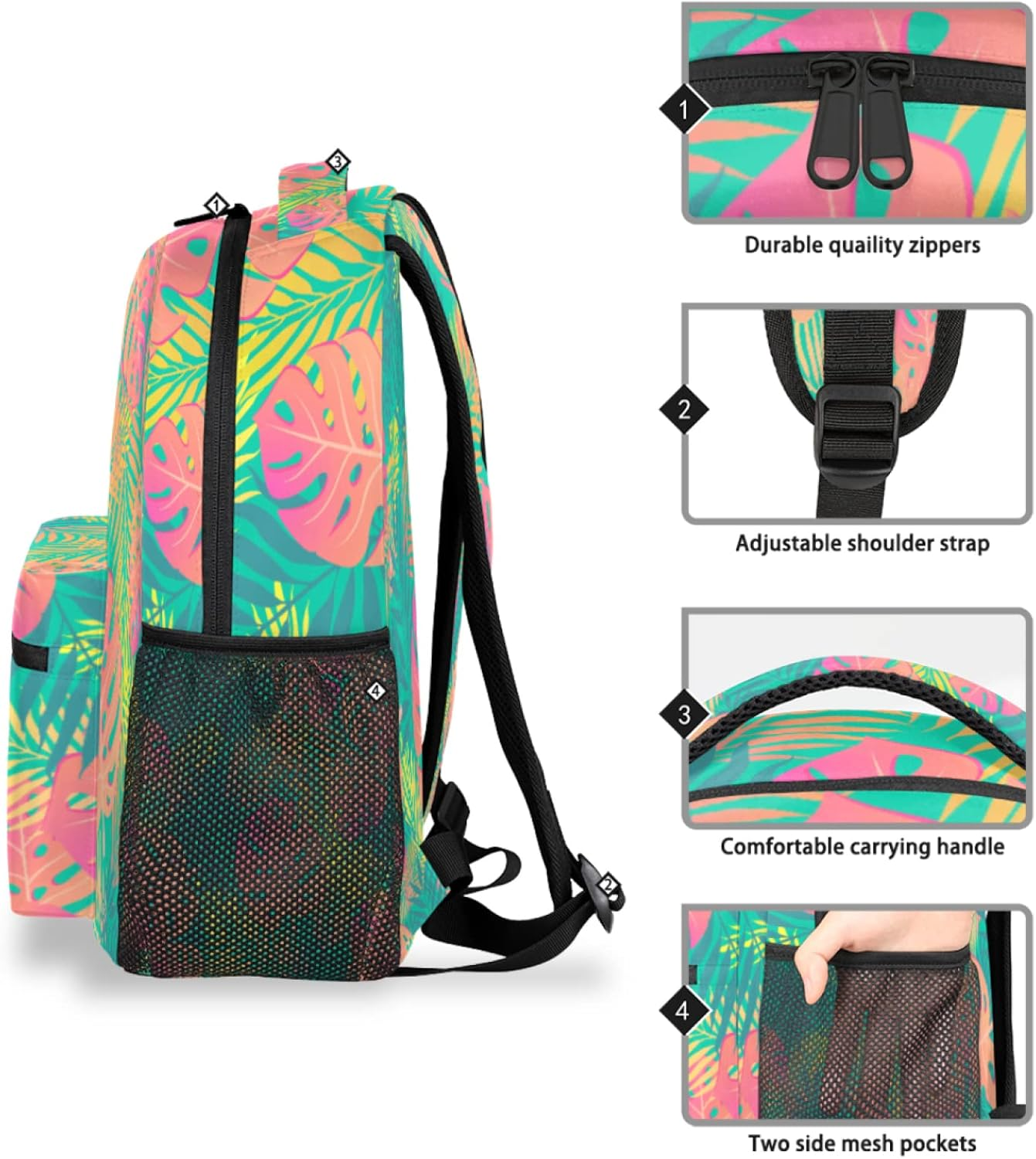 Colorful Palm Leaves Backpack Lightweight Waterproof Travel Rucksack Stylish Tropical Drawing Stylish Backpack for Man Women