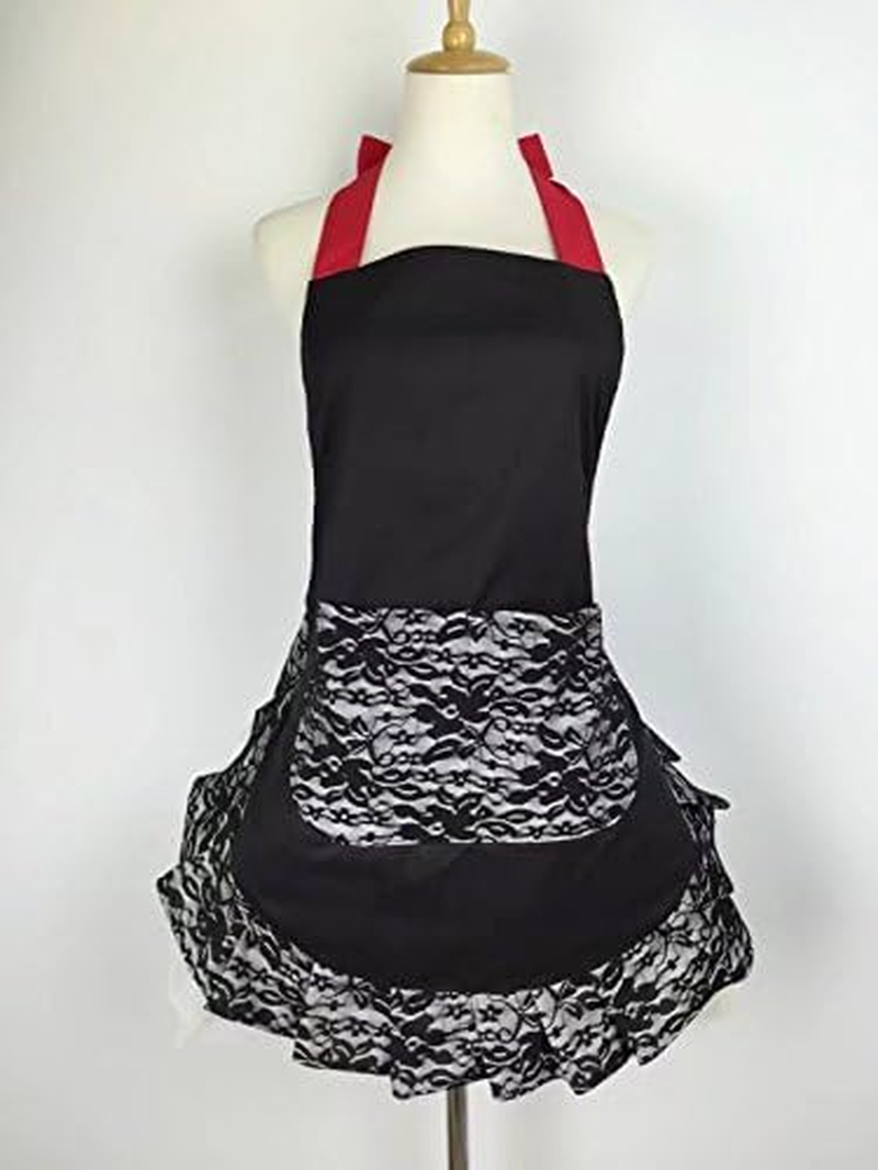 Hyzrz Cute Lace Flirty Apron with Pocket Fun Retro Sexy Cooking Aprons for Women Girls - Red image number 4