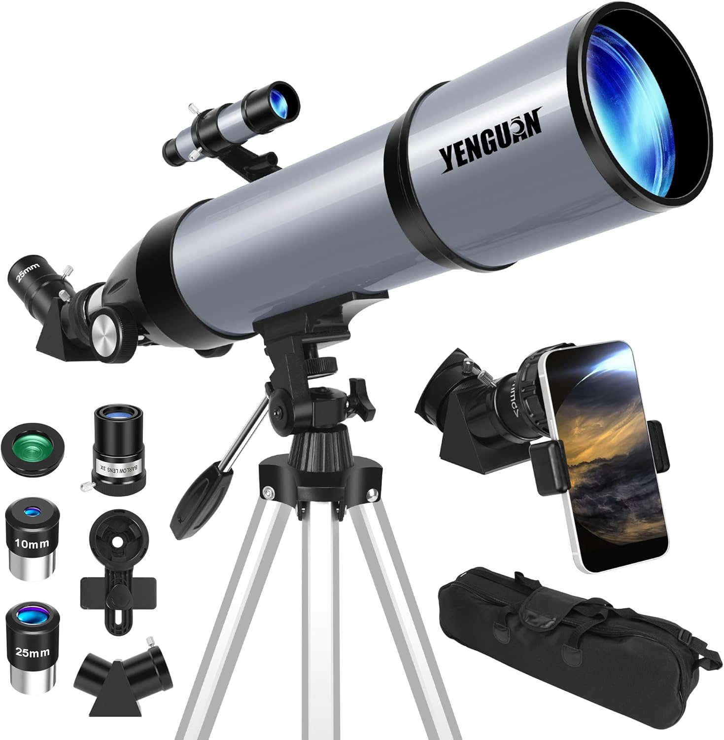 Telescope, 90Mm Aperture 800Mm-Telescope for Adults & Kids, Professional Refractor Telescopes for Adults High Powered, Beginner-Friendly, Phone Adapter & Stable Stainless Tripod, Portable Carry Bag