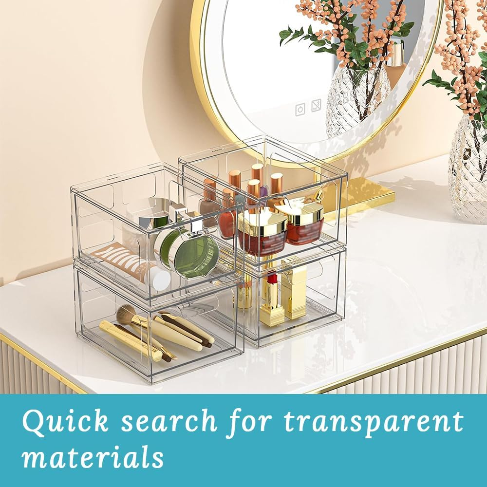 GUDAJIN 4-Pack Stackable Makeup Storage Drawers, Clear Acrylic Drawer Organizers Plastic for Makeup, Office Storage, Art Supplies, Jewelry, Stationery