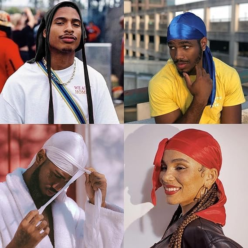 4PCS Silky Durags, Silk Durag for Men Women Waves, Silk Durag Pack with 1 Wave Cap, Silky Satin Durag Extra Long Tails Blue X 4