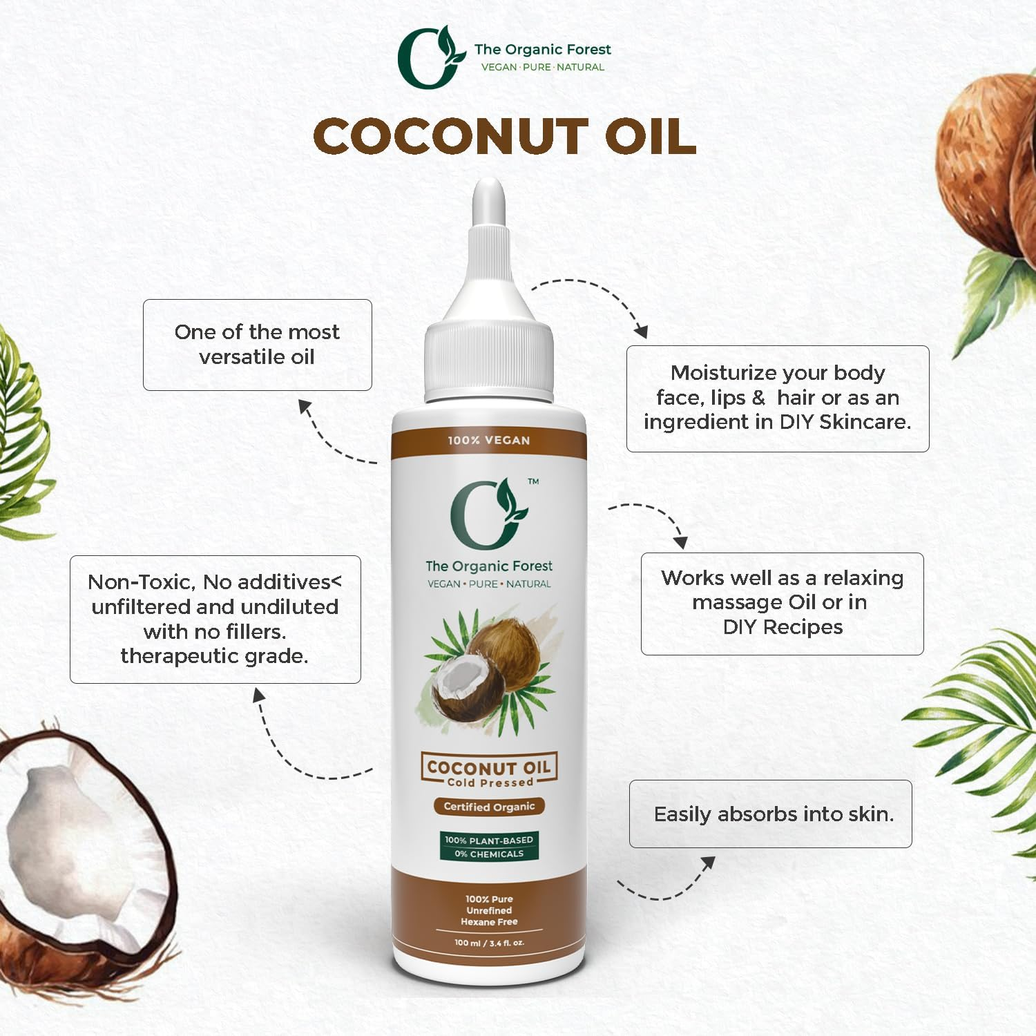 Organic Forest USDA Certified 100% Organic Coconut Oil for Hair and Skin | Chemical Free Pure Cold Pressed Coconut Oil | Unrefined, Natural, Coconut Hair Oil, Pure Coconut Oil for Skin | 3.4 Fl.Oz. image number 3