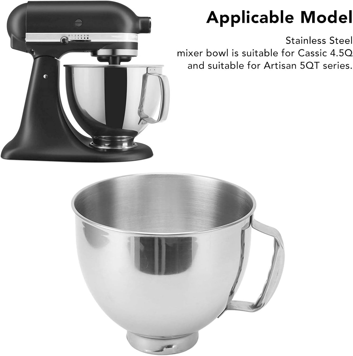 Mixer Bowl, 4.5-5 Quart Stainless Steel Bowl Replacement, Stainless Steel Mixer Attachment for Mixing Bowls, Compatible with Kitchenaid Artisan 5Qt Series and Cassic 4.5Q image number 6