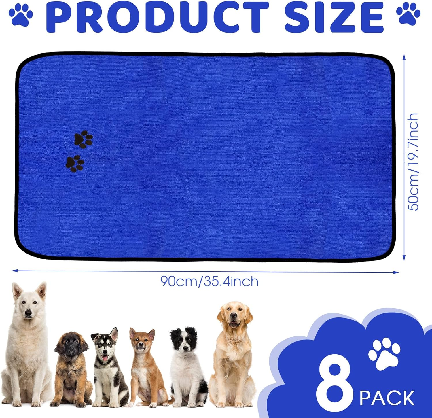 Chumia 8 Pcs Microfiber Dog Towels 20 X 35 Inch Soft Absorbent PET Bath Towel for Drying Dogs Grooming Towel Bulk with Embroidered Paw for Small, Medium, Large Dogs and Cats (Dark Blue) image number 2