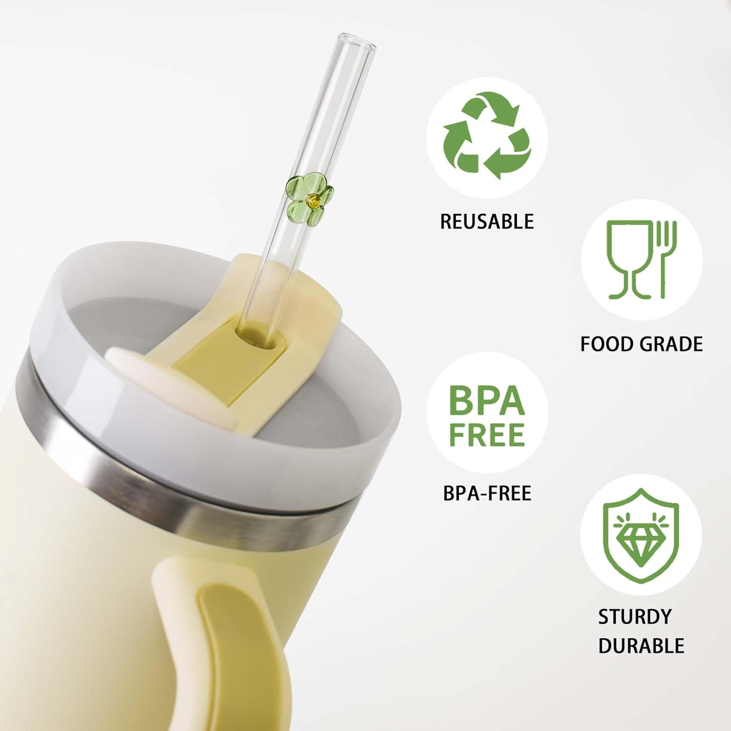 6 Pack Replacement Glass Straws for Stanley 40 Oz 30 Oz Tumbler, Cute Flower Glass Straws with Charms, Stanley Straw with Cleaning Brush Stanleys Cup Accessories