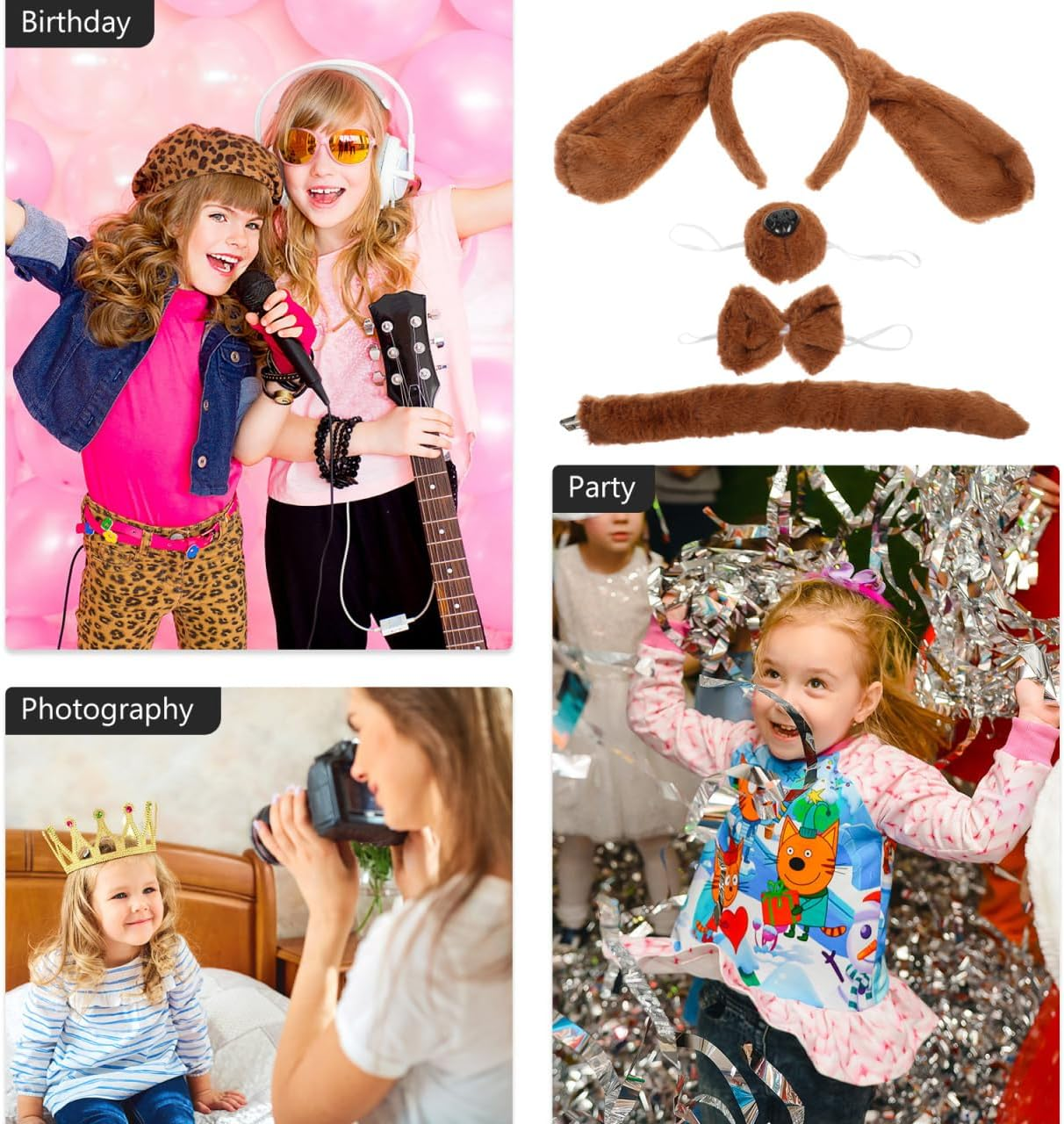 Alasum Puppy Dog Costume Kit with Animal Ears Headband Bowtie Fake Nose Tail Lightweight Pet Cosplay Set for Party Dress up and Festival Celebration image number 4