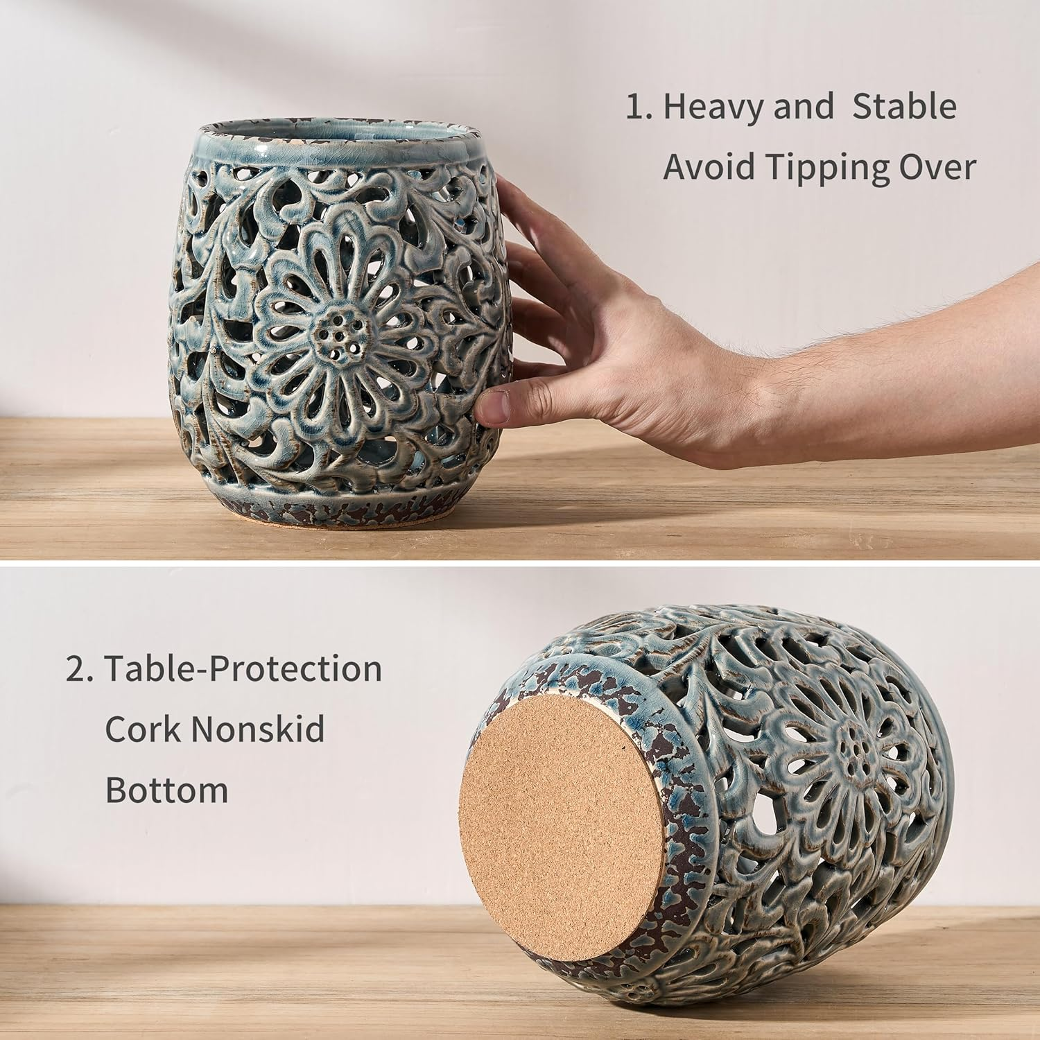 Farmhouse Kitchen Utensil Holder for Kitchen Counter, Ceramic Large Cooking Utensil Crock with Cork Mat, Countertop Cooking Tool Spatula Organizer, Antique Grayish Blue image number 1